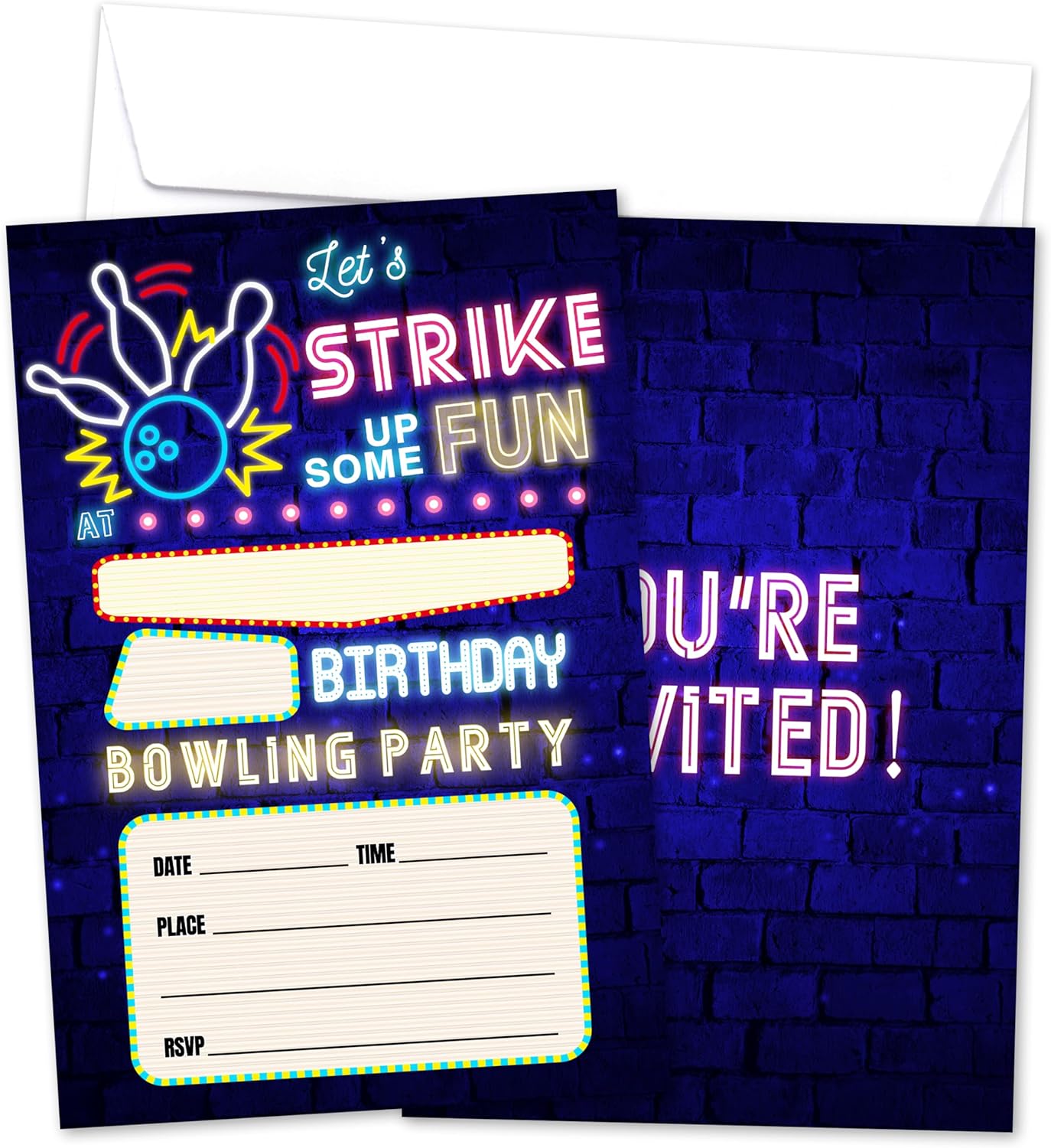 Neon Bowling Birthday Invites For Kids With Envelopes - 14 Designs