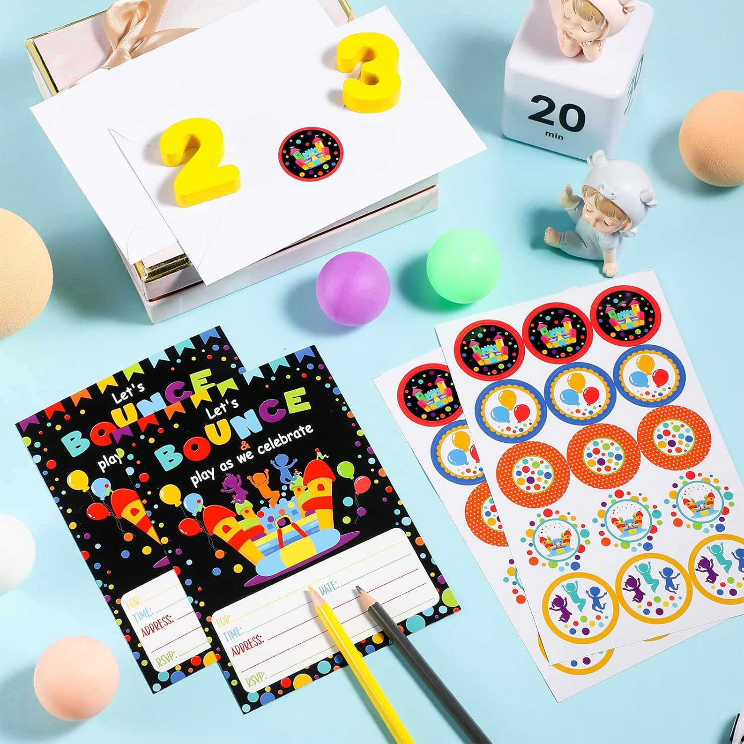 Pajean 30 Pack Bounce House Party Invitations with Stickers and Envelopes