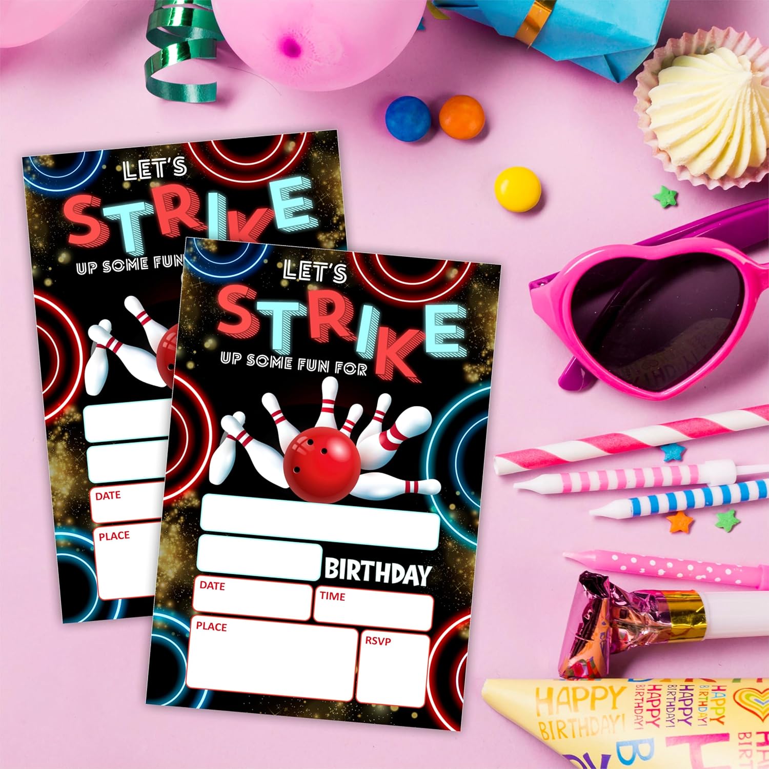 Neon Bowling Birthday Invites Set Of 20 With Envelopes
