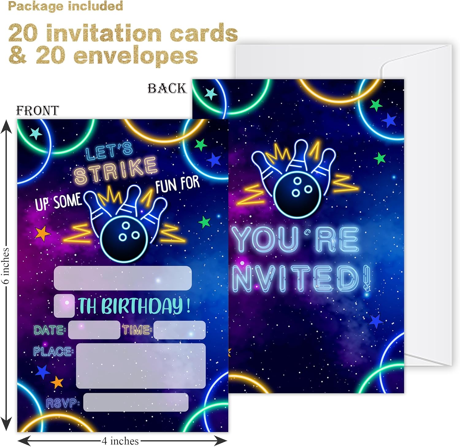 20 Pcs Bowling Birthday Party Invitations with Envelopes SR01