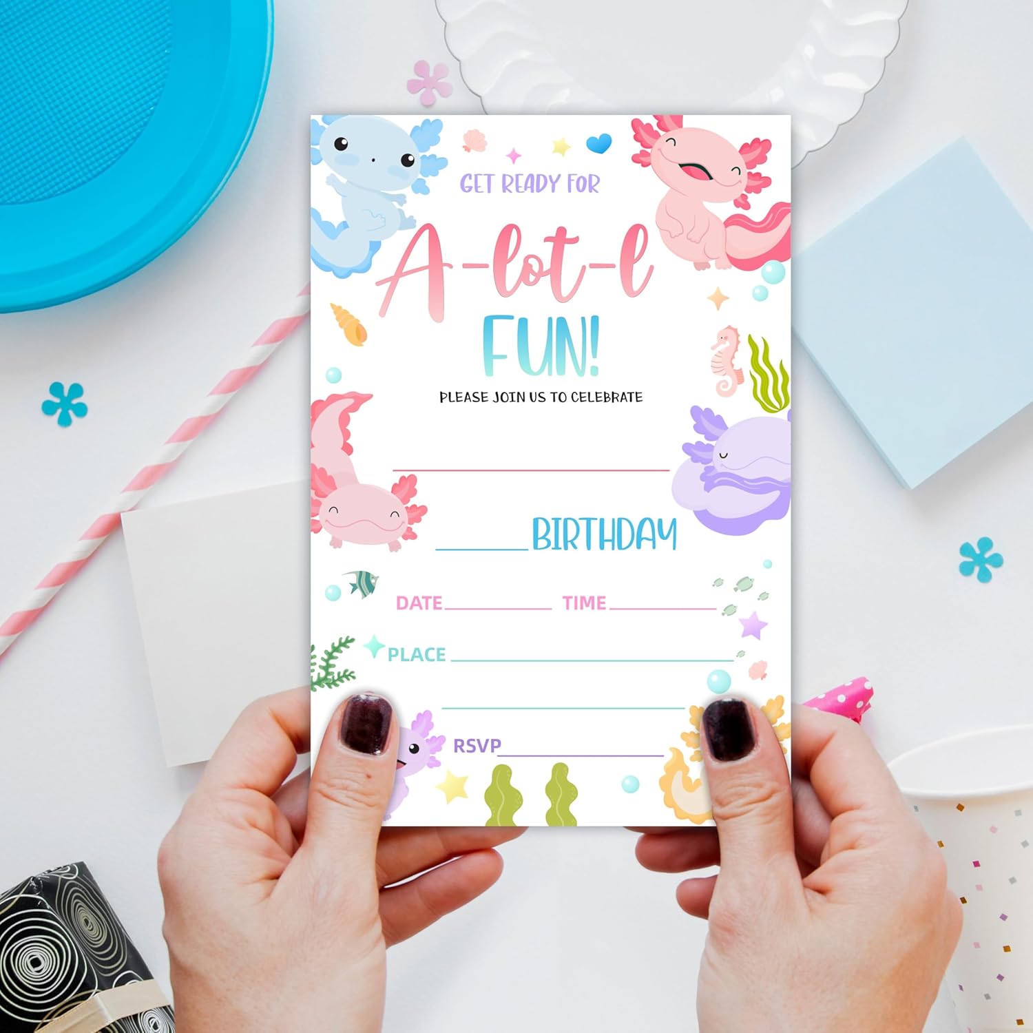 Axolotl Birthday Invites With Envelopes - 20 Sets