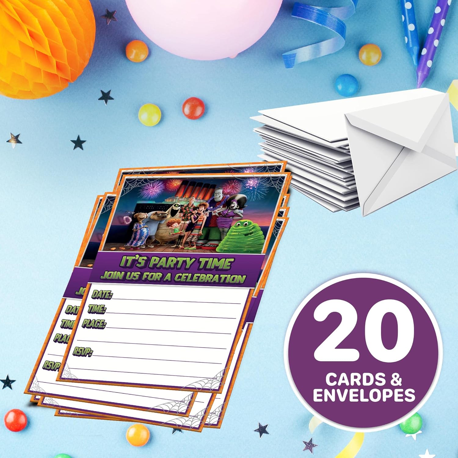 Set of 20 Hotel Monsters Birthday Invites with Envelopes