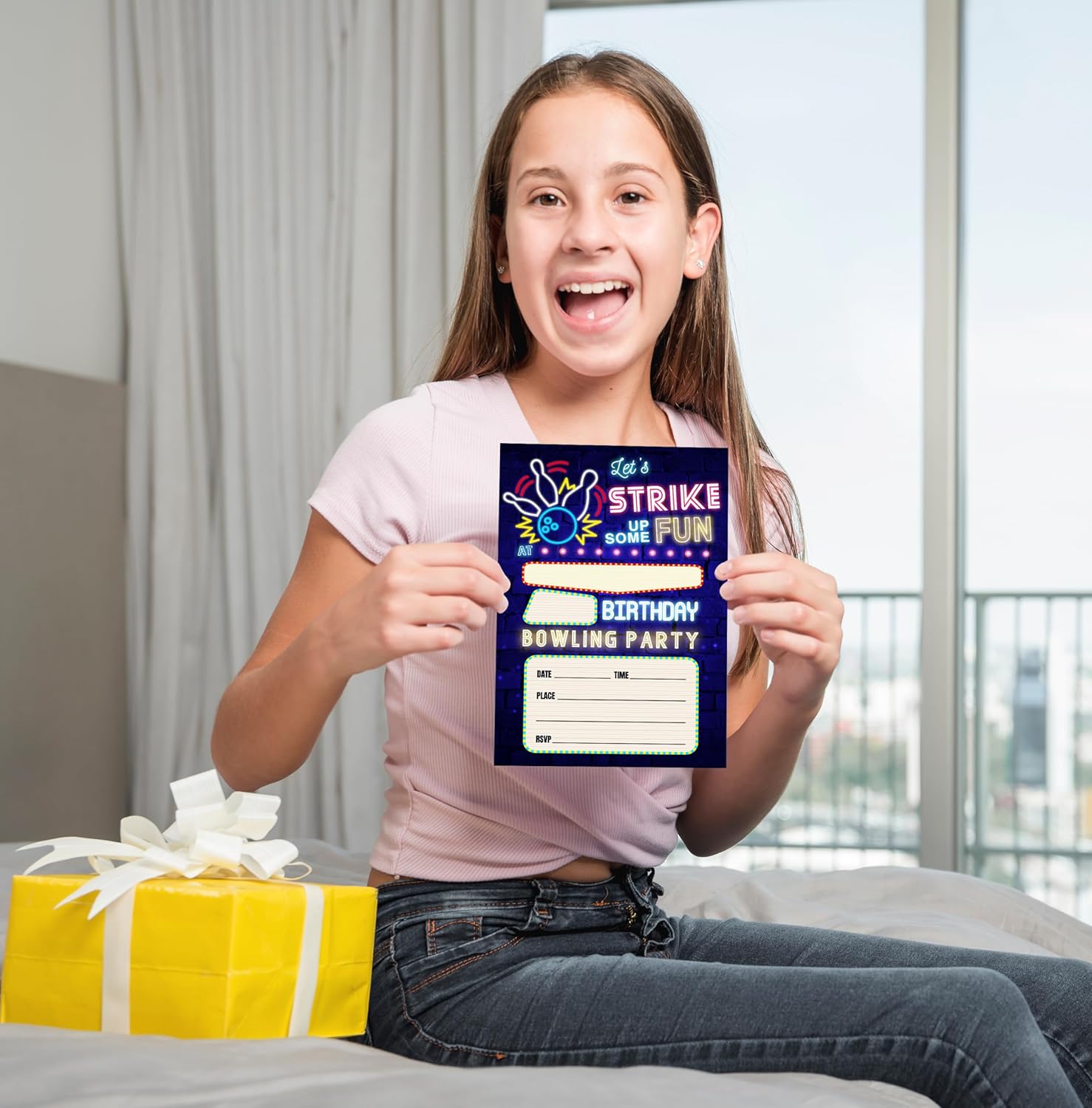 Neon Bowling Birthday Invites For Kids With Envelopes - 14 Designs