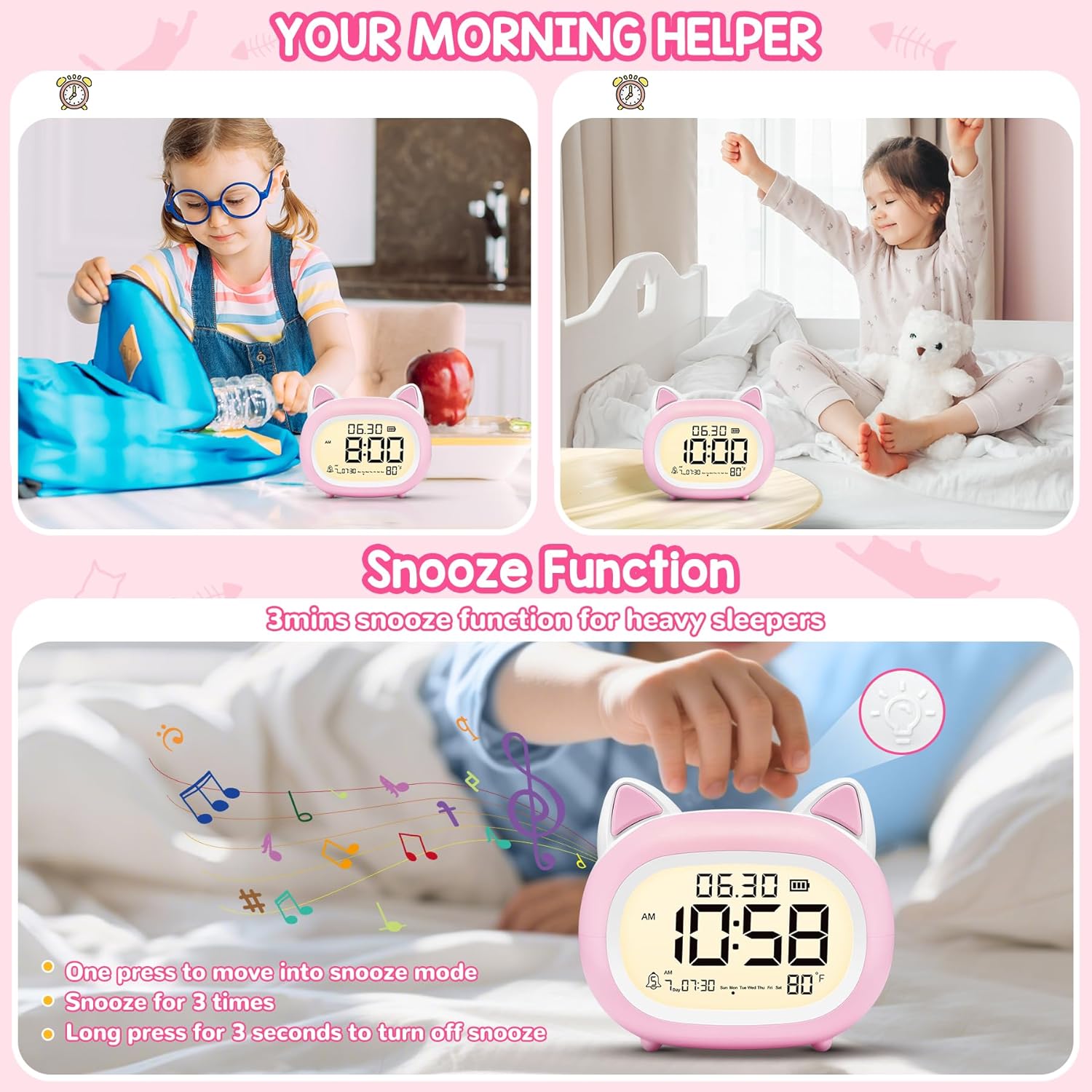Adorable Cat Alarm Clock for Kids with Night Light