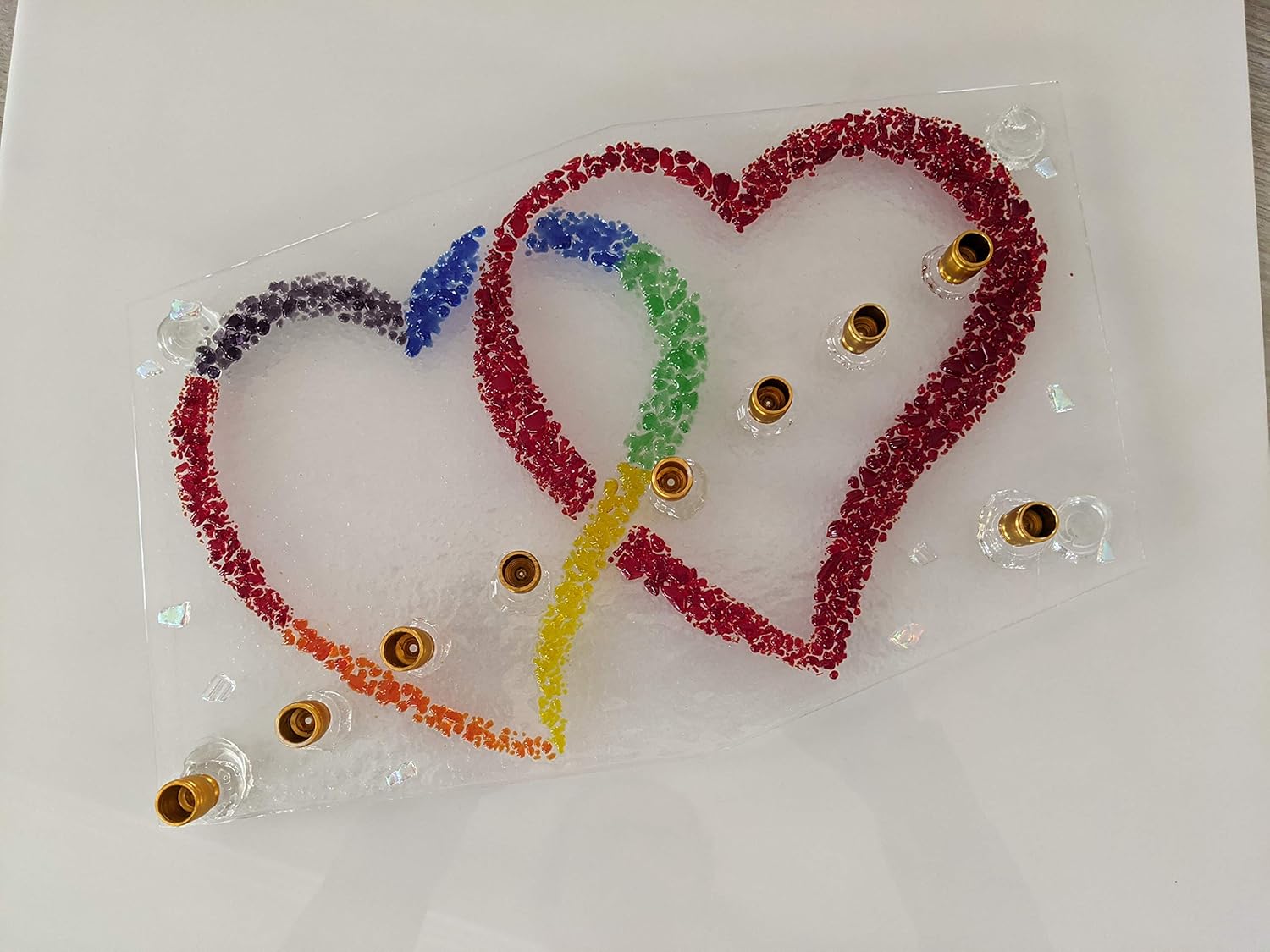 Two Hearts Pride LGBTQ Glass Menorah by YafitGlass 1