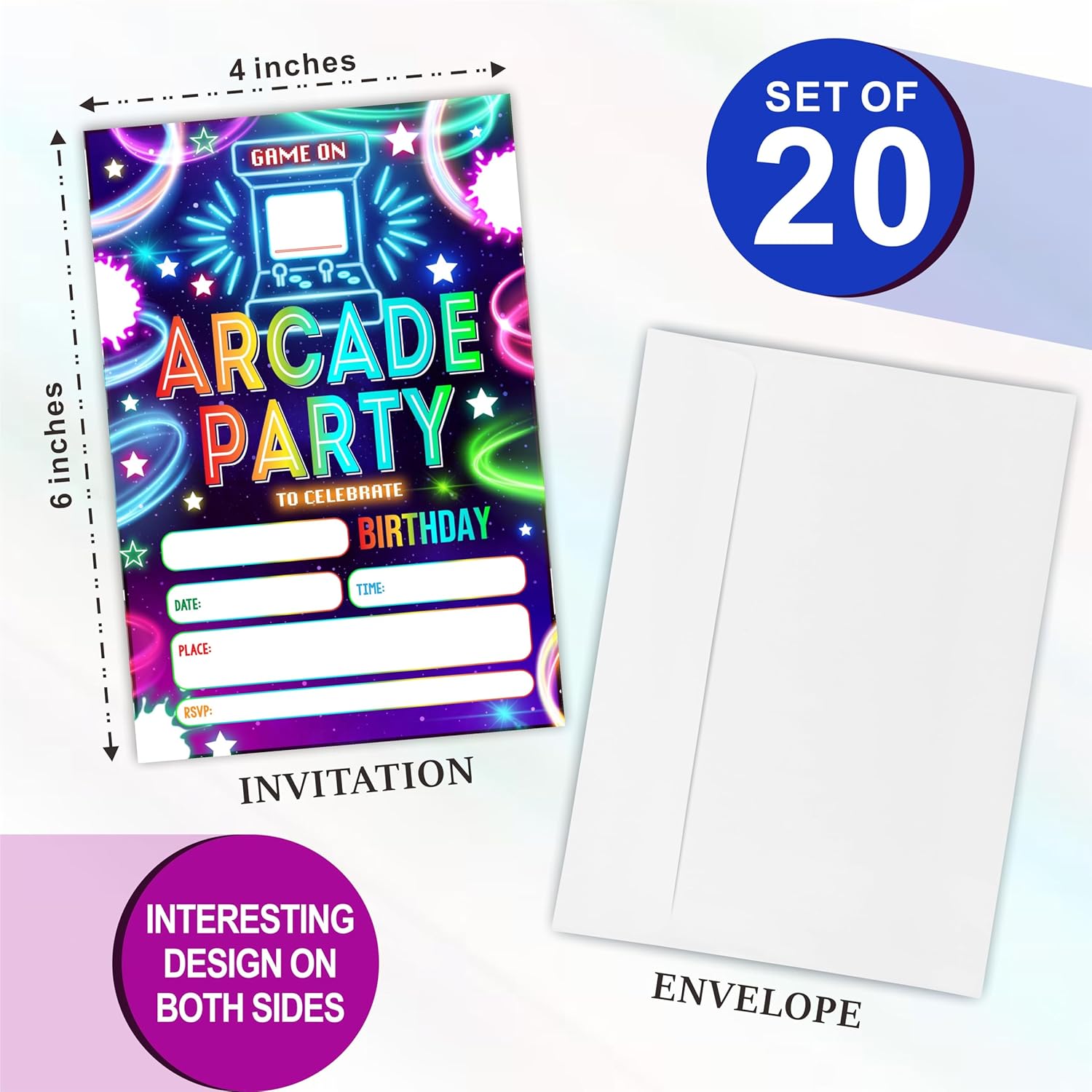 Cudwid Glow Neon Arcade Birthday Invites Cards Set