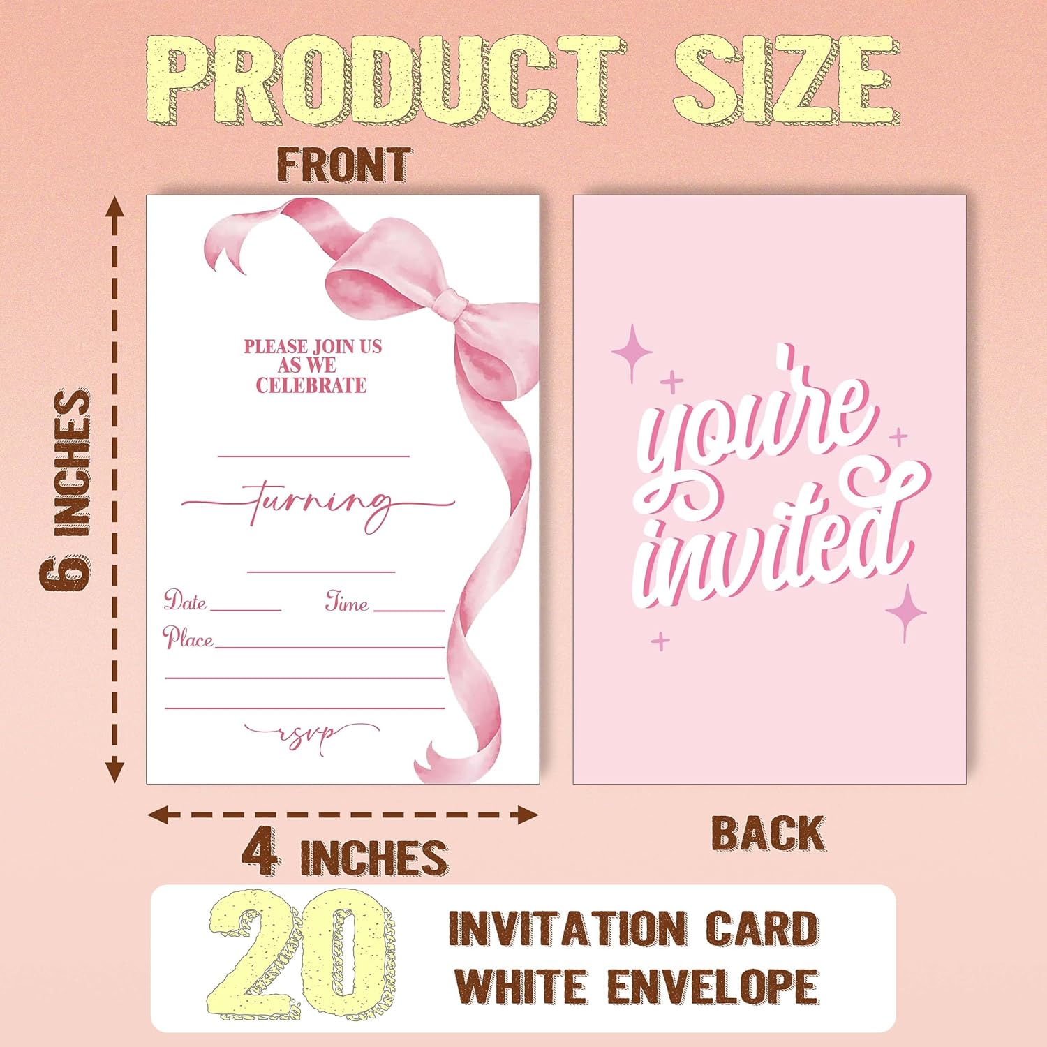 Pink Bow Birthday Party Invitations 20pcs with Envelopes