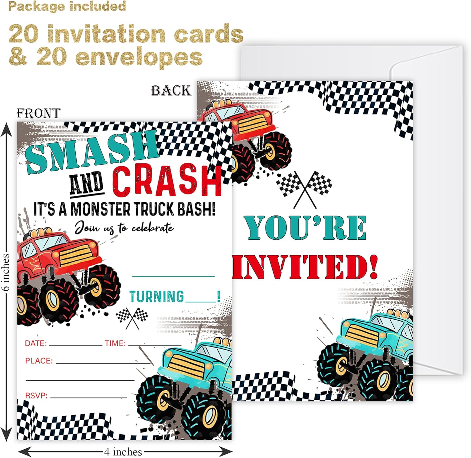 20 Pcs Monster Truck Birthday Invitations with Envelopes