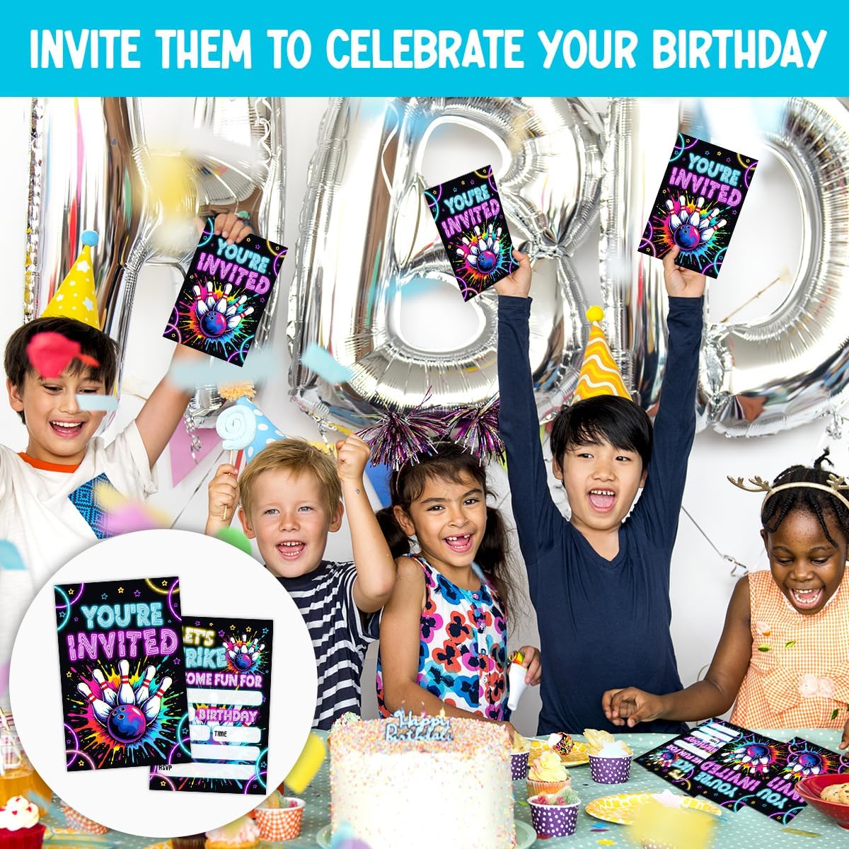 Neon Bowling Birthday Party Invitations Set