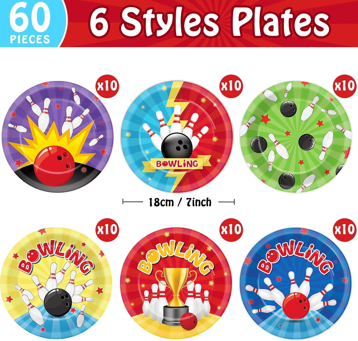 60Pcs Bowling-Themed 7 Inch Paper Plates for Party
