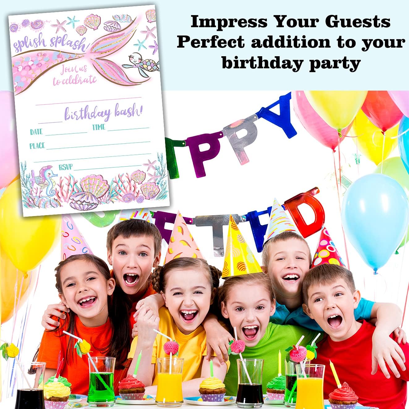 Mermaid Birthday Party Invitation Cards with Envelopes
