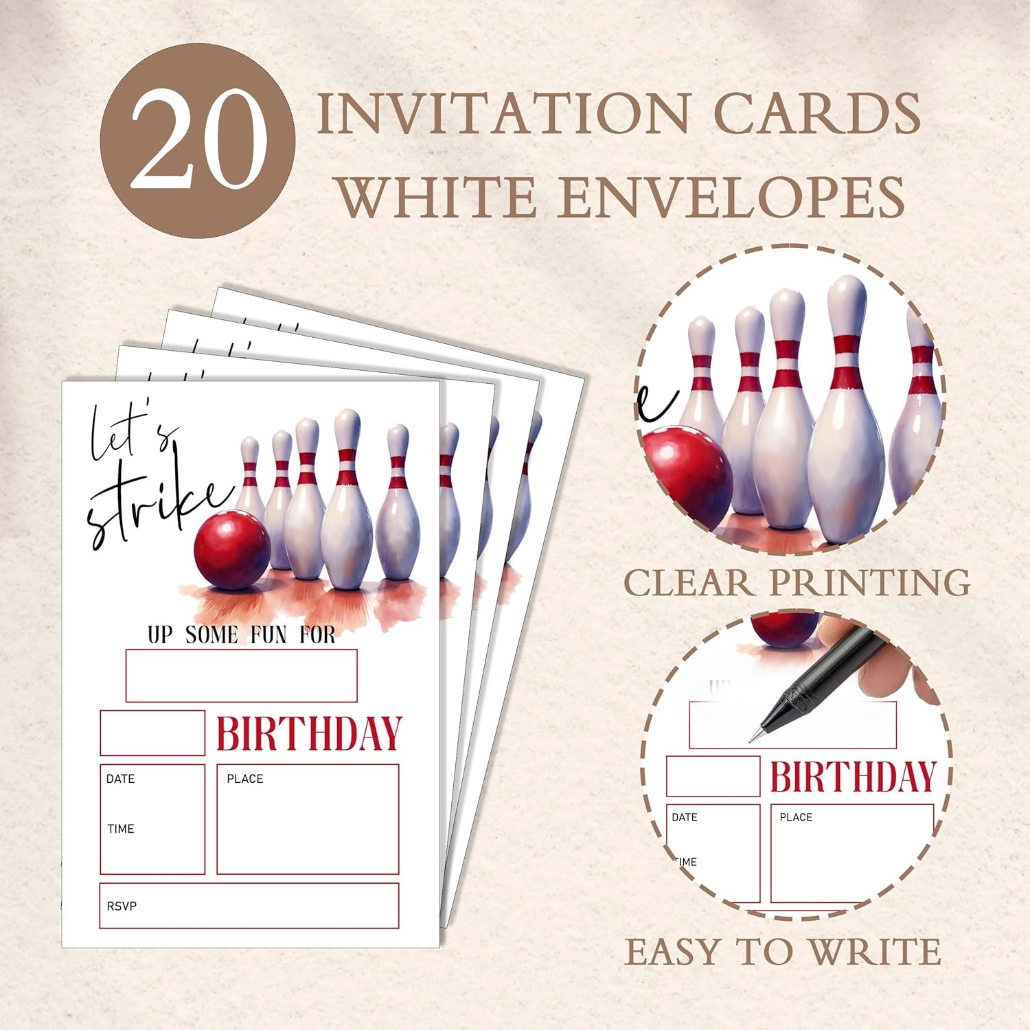Eronm Bowling Birthday Invites 20 Pack with Envelopes