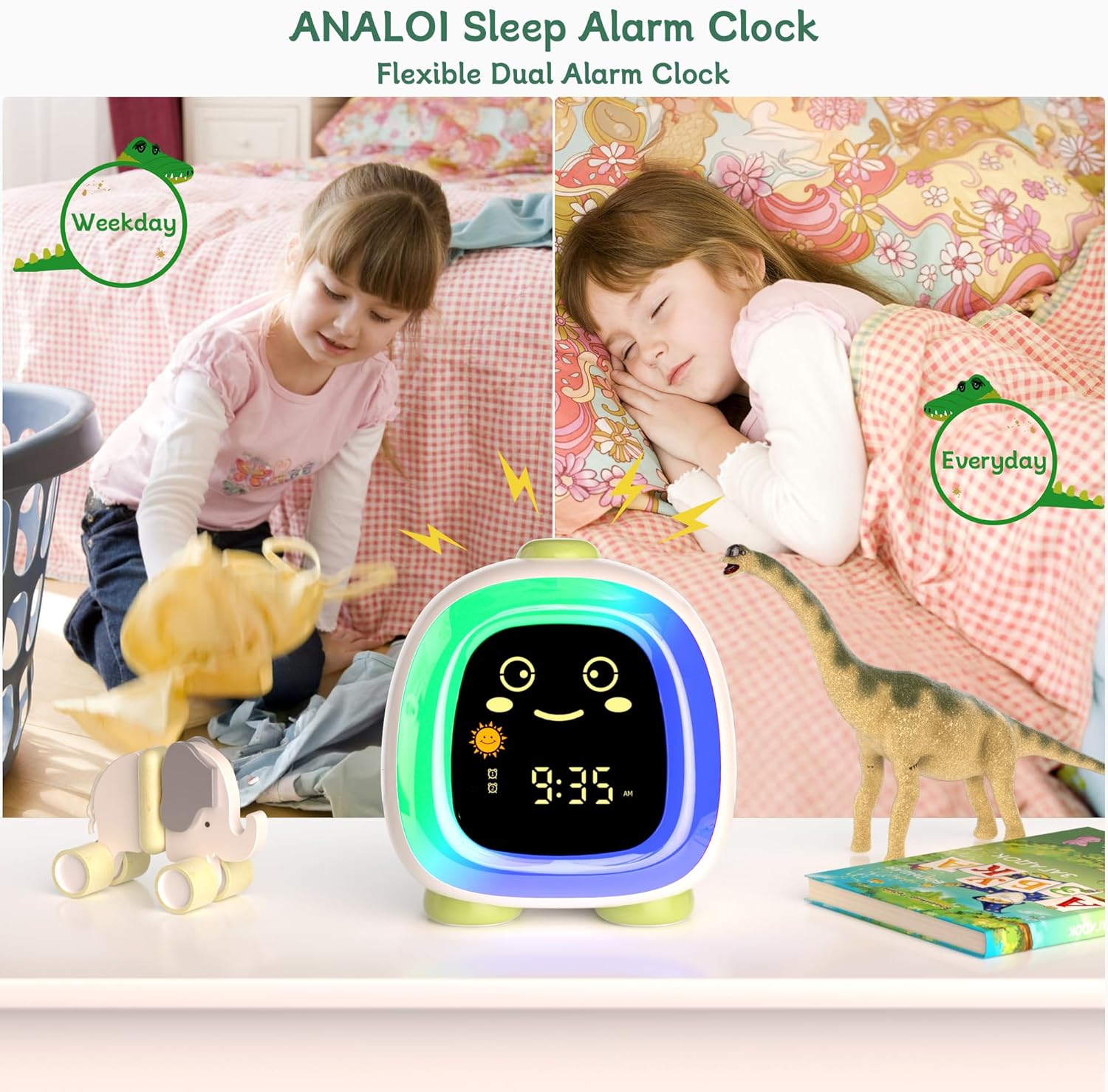 ANALOI Kids Alarm Clock with Night Light and Dinosaur Design