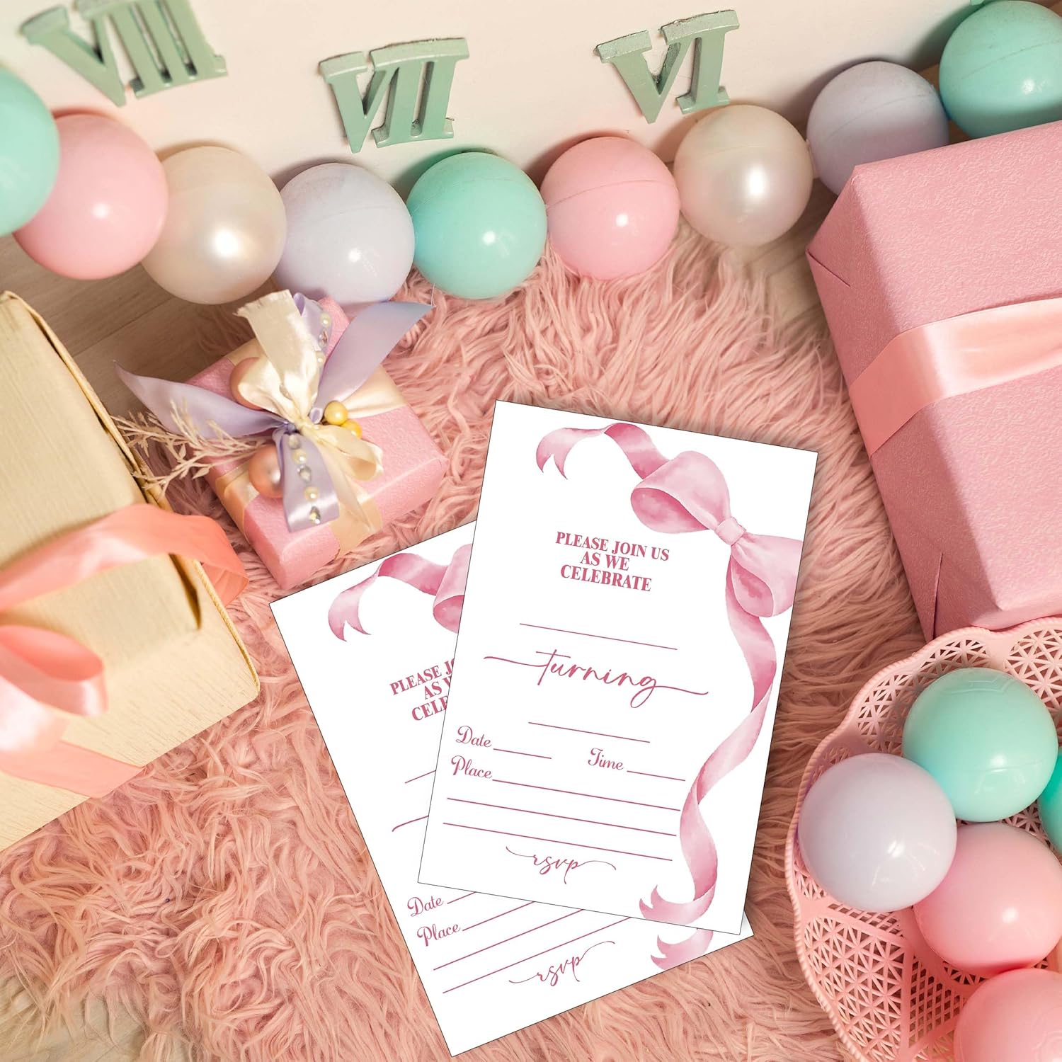 Pink Bow Birthday Party Invitations 20pcs with Envelopes