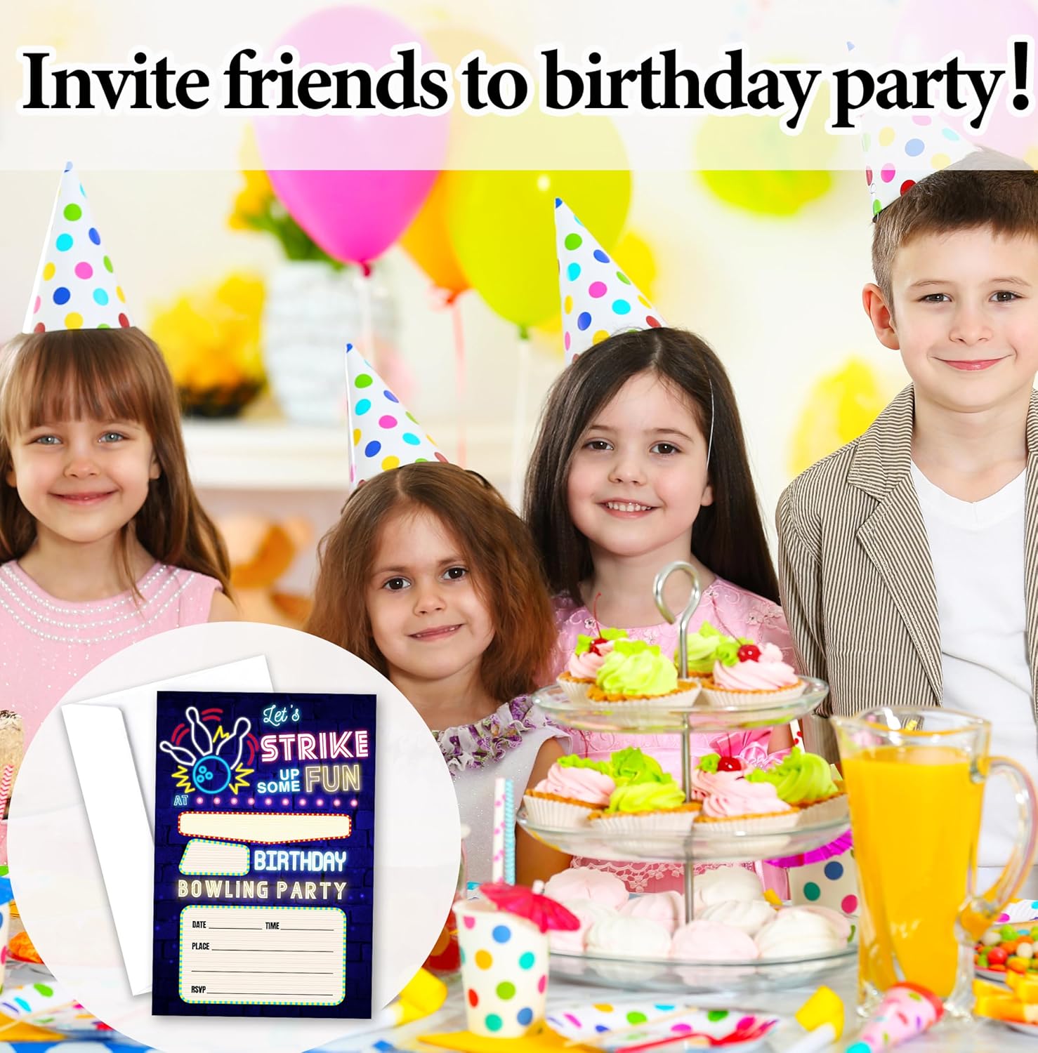 Neon Bowling Birthday Invites For Kids With Envelopes - 14 Designs