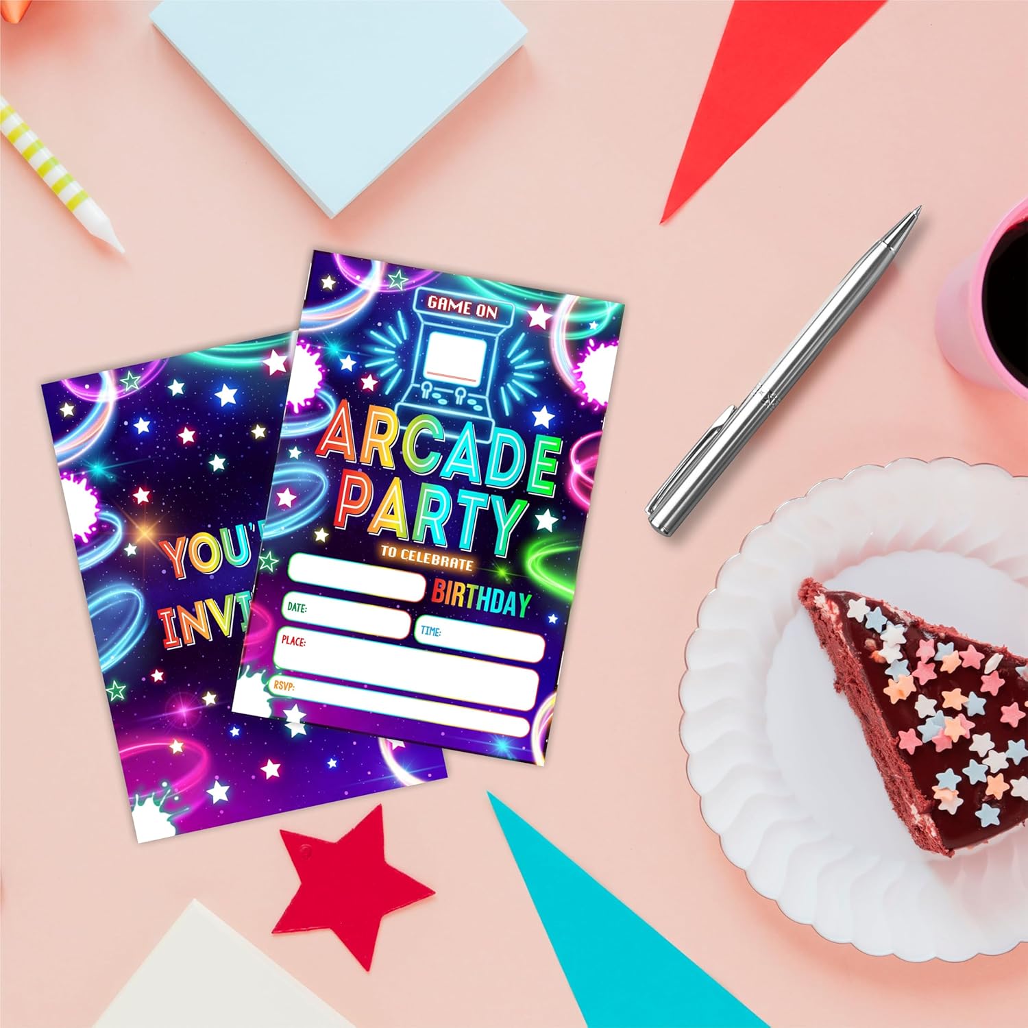 Cudwid Glow Neon Arcade Birthday Invites Cards Set