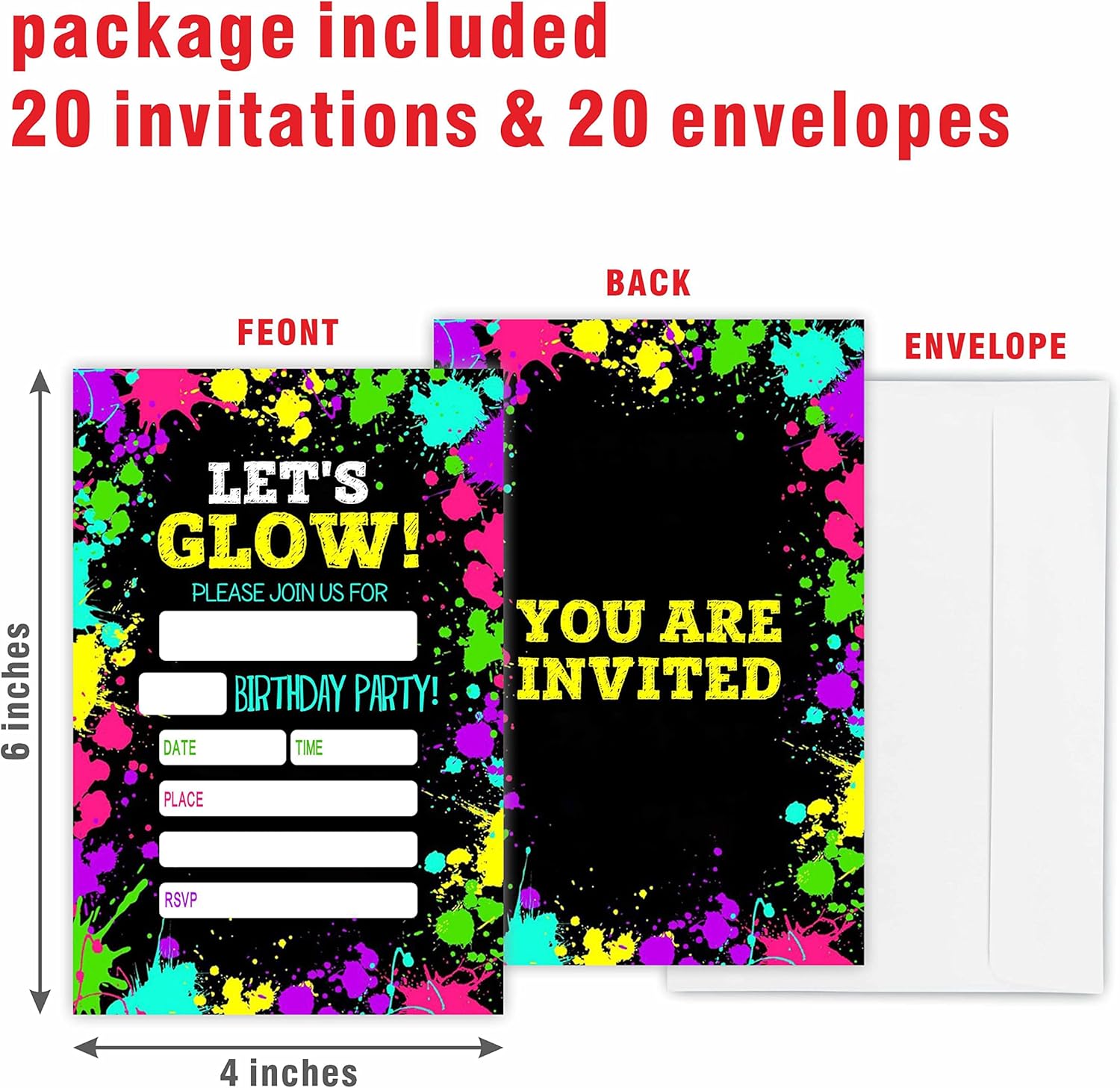 Lets Glow Birthday Party Invitation Cards 20 Count