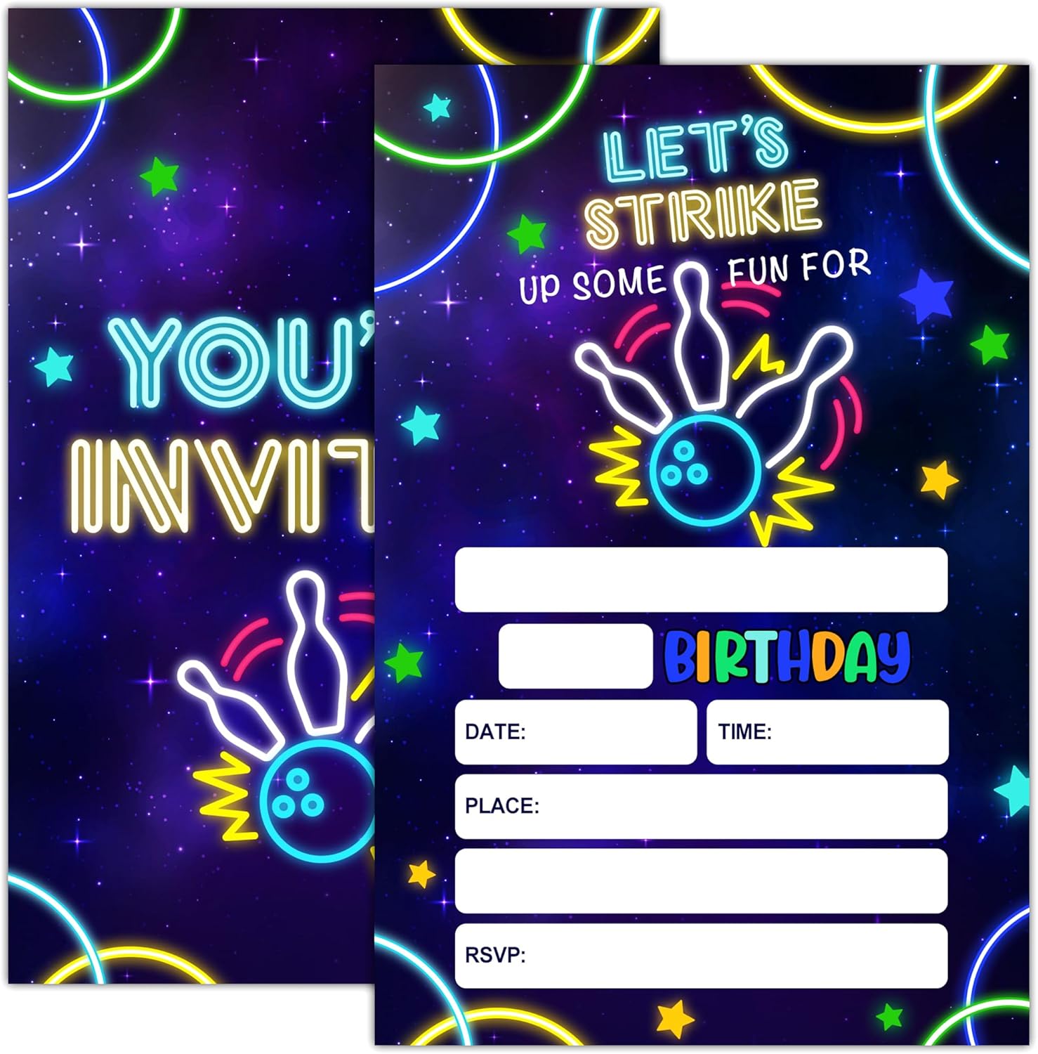 Neon Bowling Party Invitation Cards for Teens