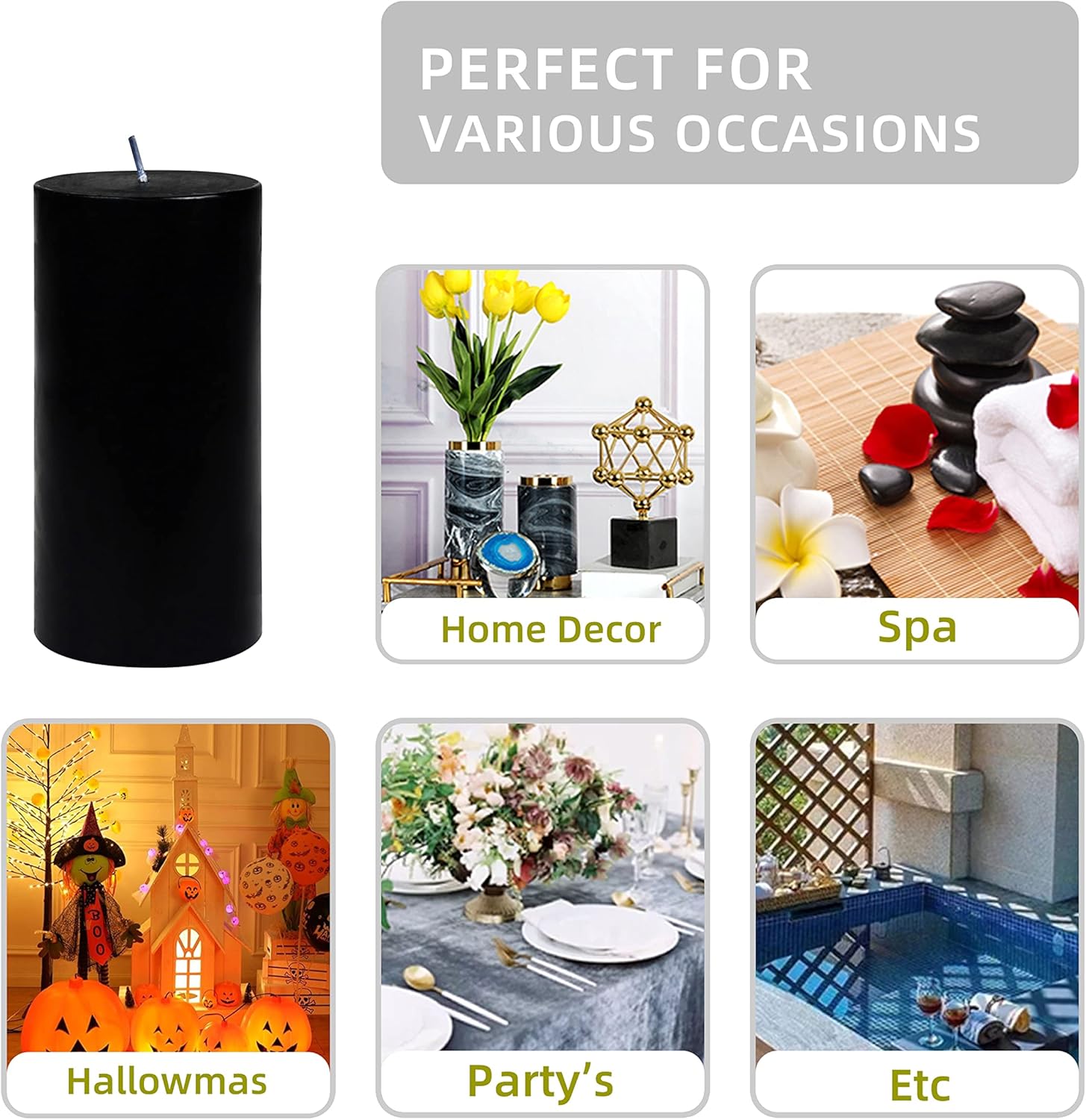 6 Inch Black Pillar Candle with 90 Hours Burn Time