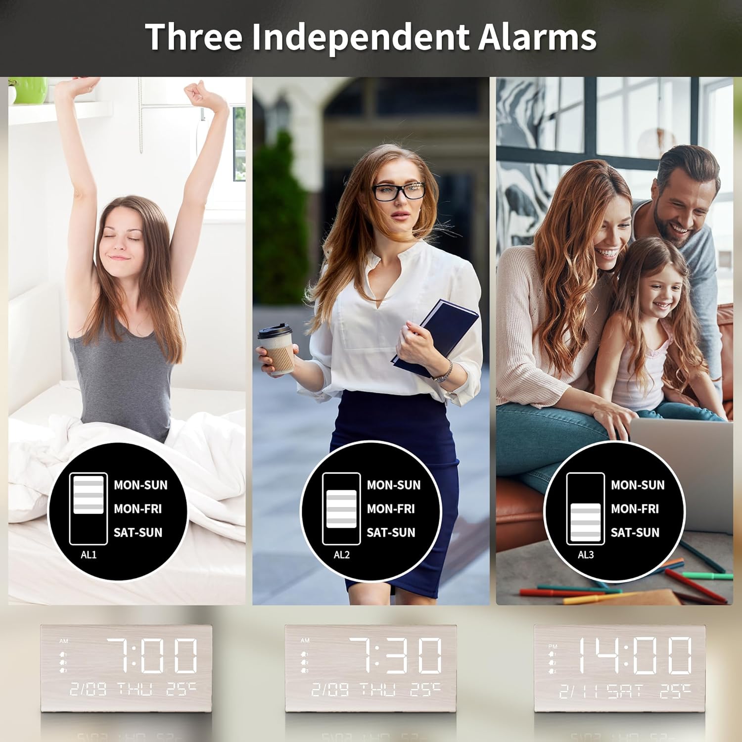 JALL Digital Alarm Clock with Wooden Design