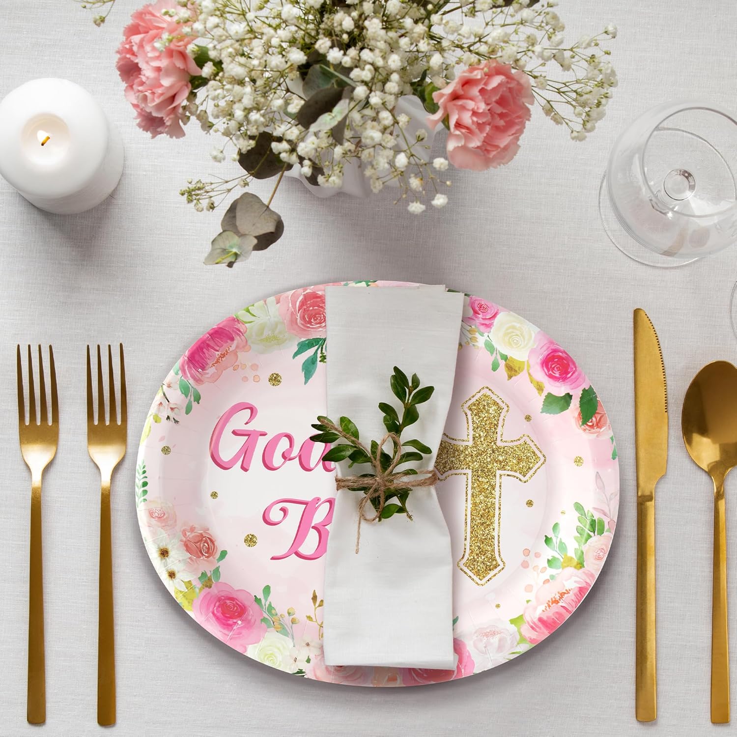 50Pcs Pink God Bless Cross Paper Plates for Baptism Parties