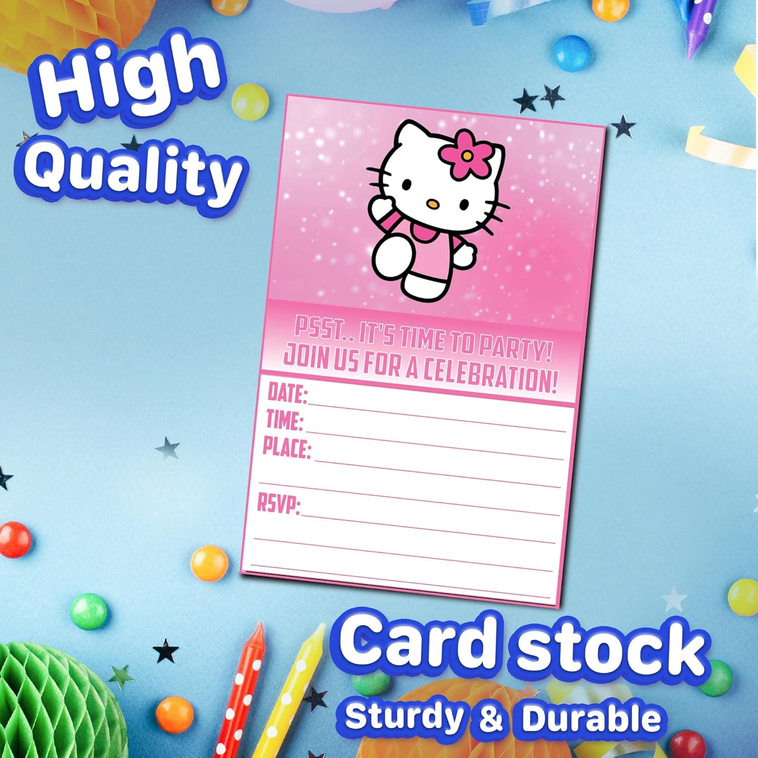 Set of 20 Cute Pink Cat Birthday Invitation Cards