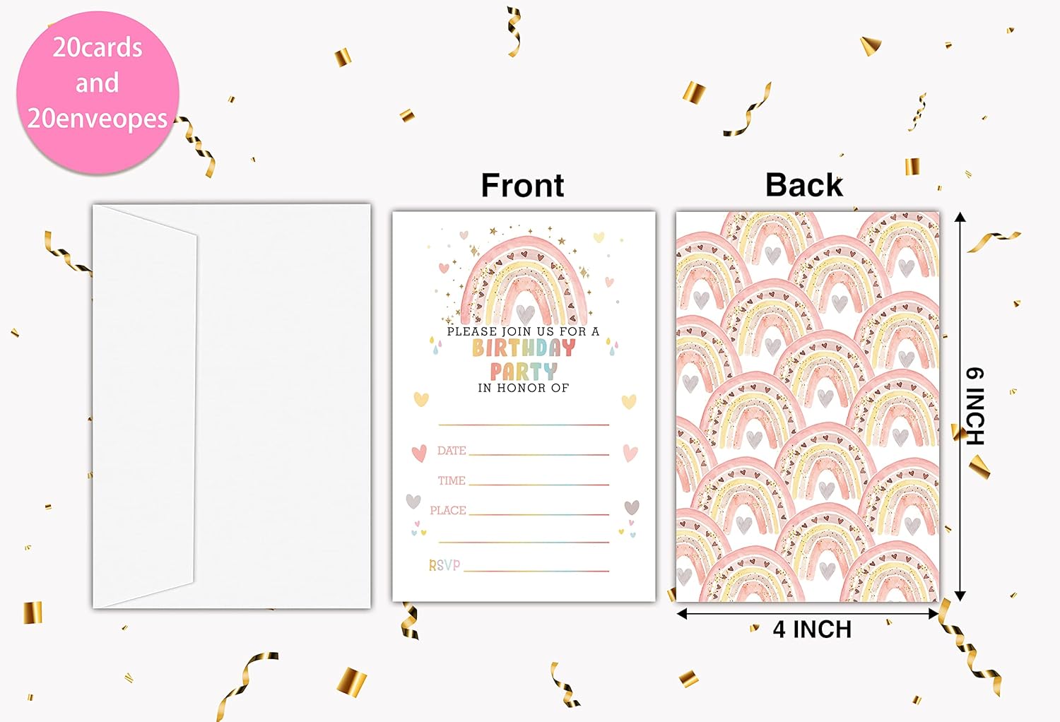 Lesixur Rainbow Birthday Party Invitation Cards 20PCS With Envelopes