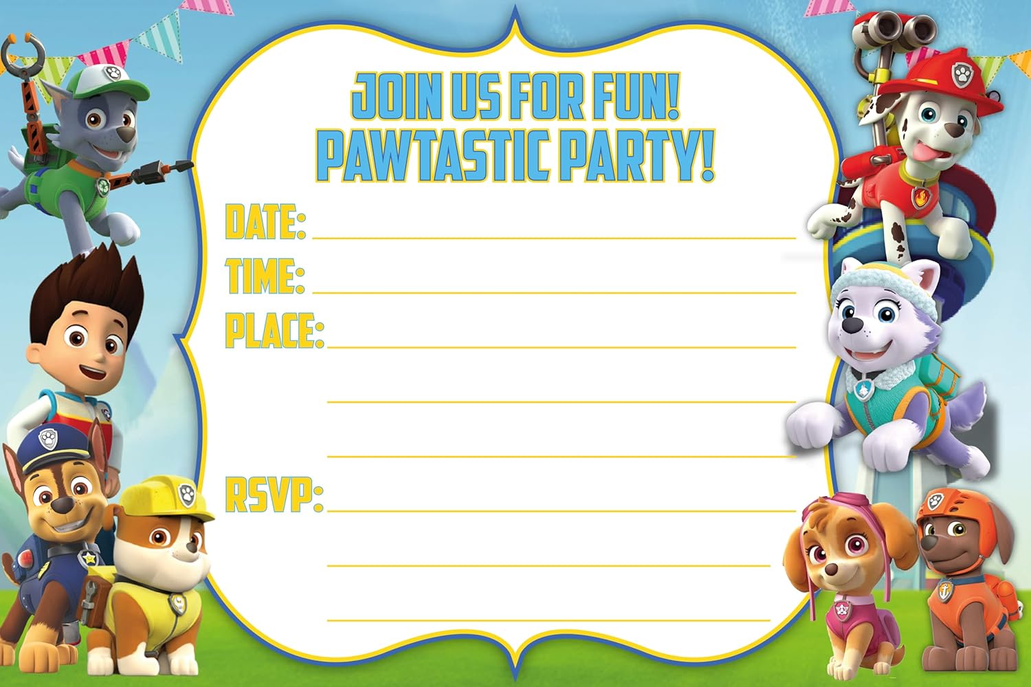Set of 20 Power Dog Birthday Invites with Envelopes