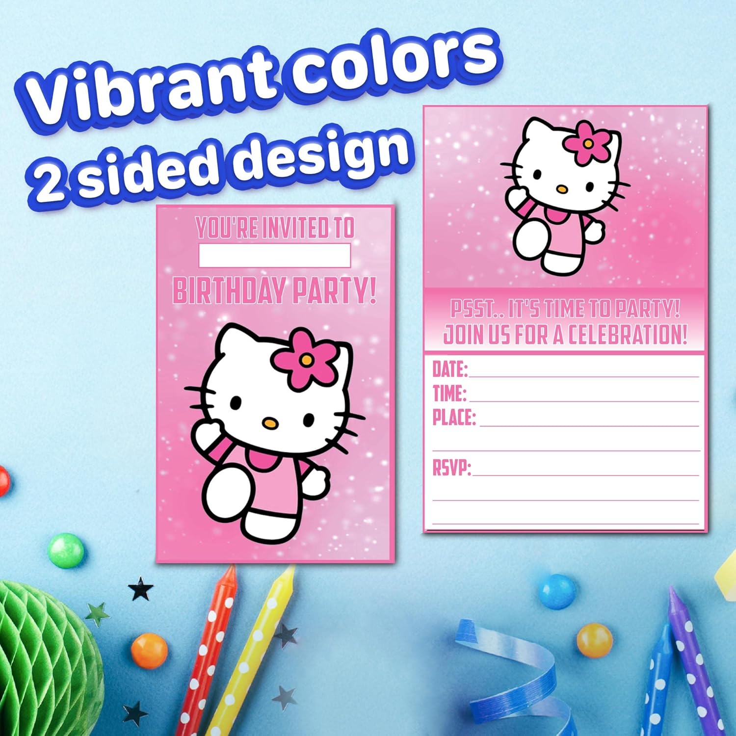 Set of 20 Cute Pink Cat Birthday Invitation Cards