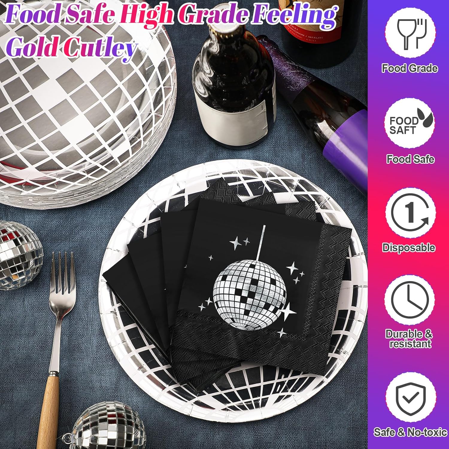 Funtery 200 Pcs Disco Plates and Napkins Party Supplies