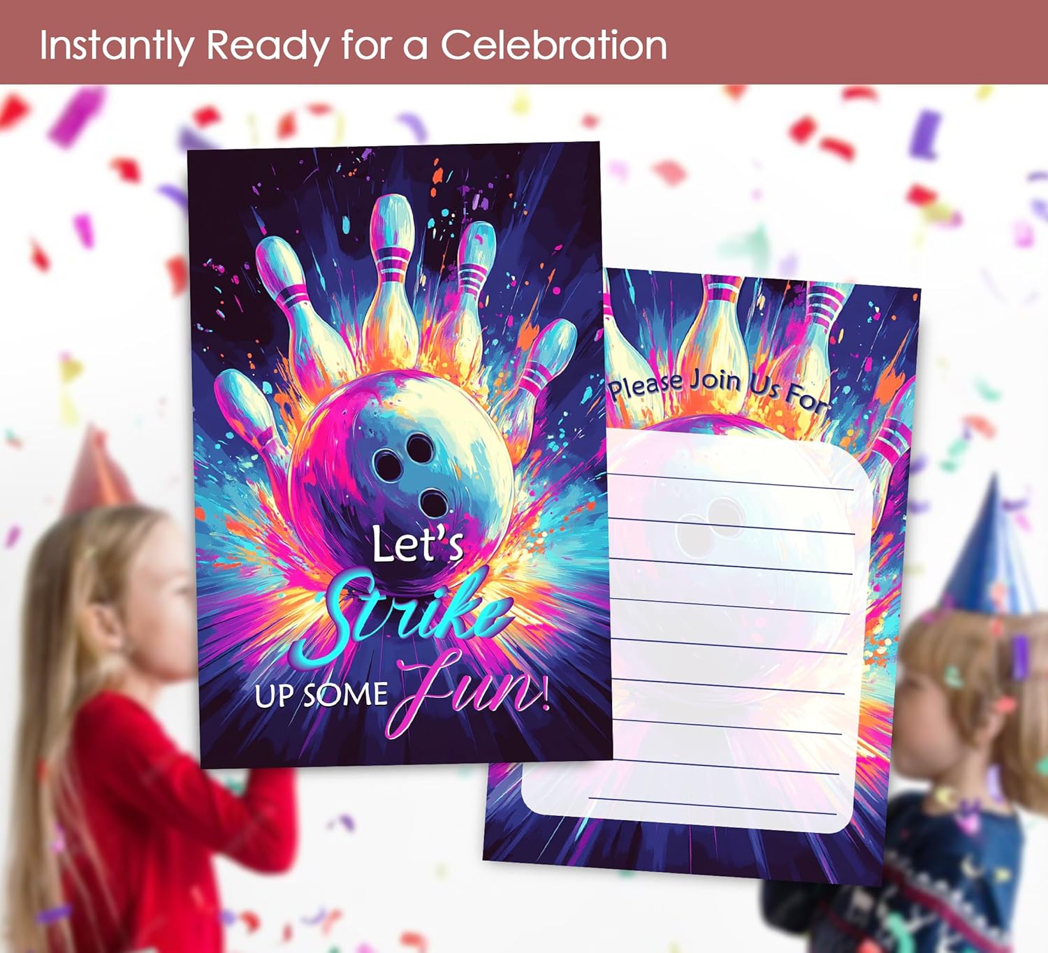 Bowling Birthday Invites Neon Design 30 Sets with Envelopes