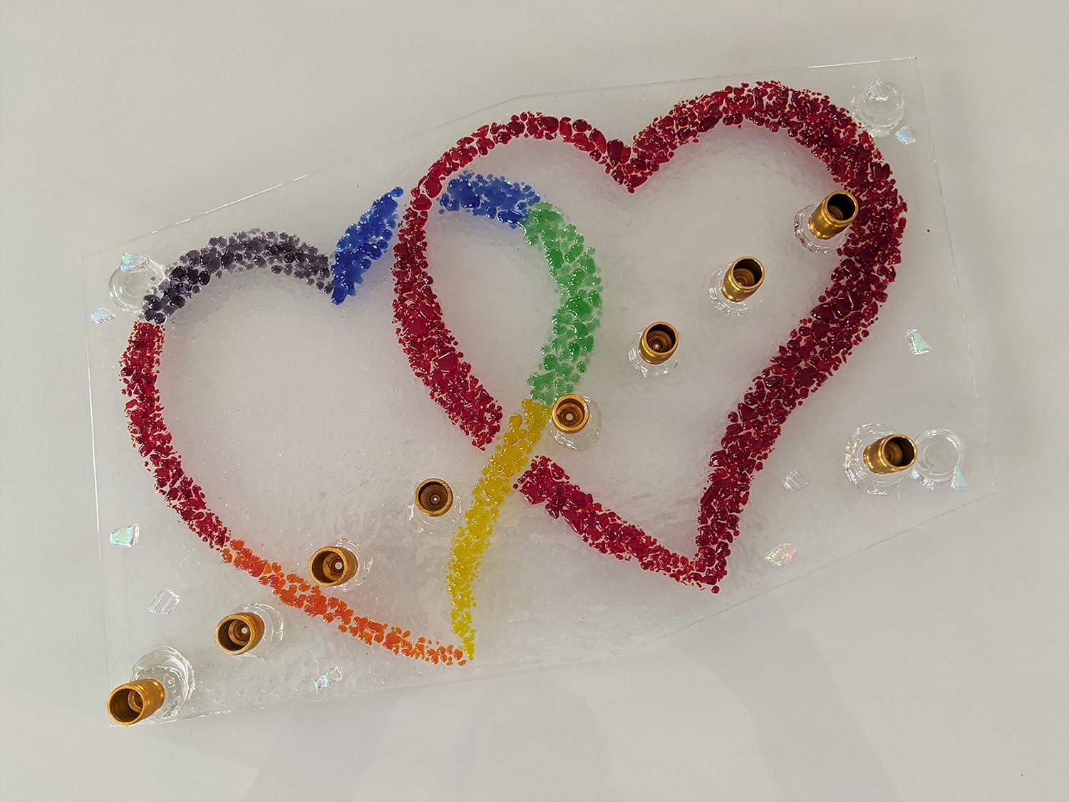 Two Hearts Pride LGBTQ Glass Menorah by YafitGlass 1