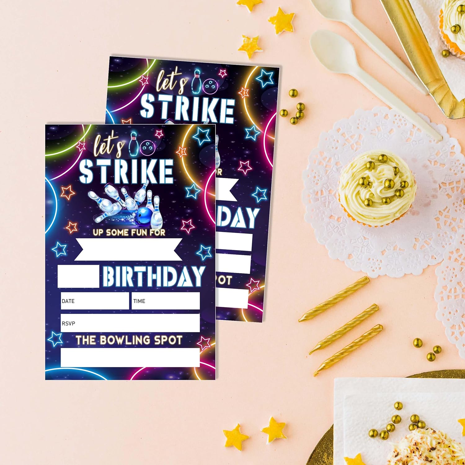 Eronm Neon Bowling Birthday Invitations 20 Pack with Envelopes