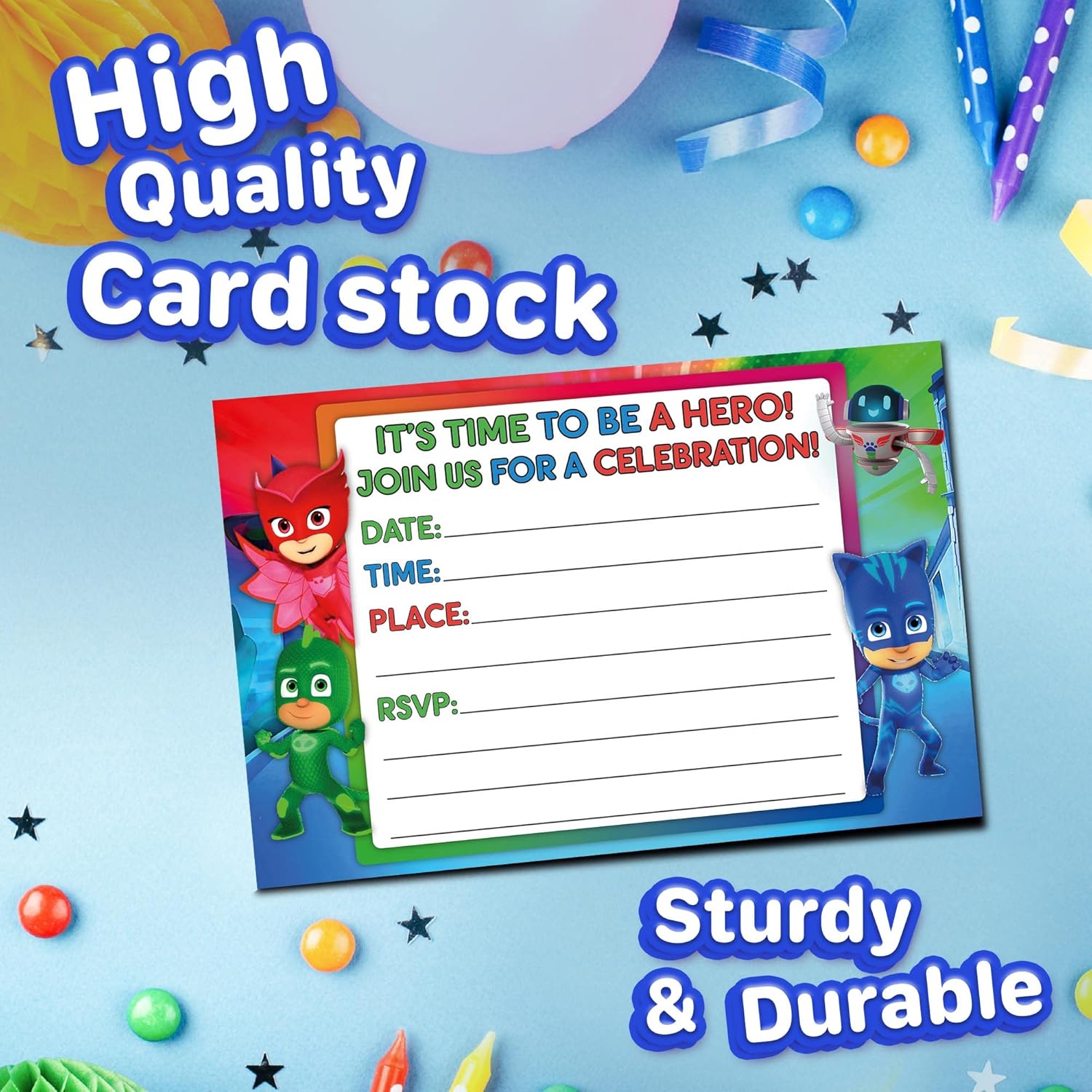 Set of 20 Hero Masks Birthday Invites with Envelopes - Lightweight Postcard Style