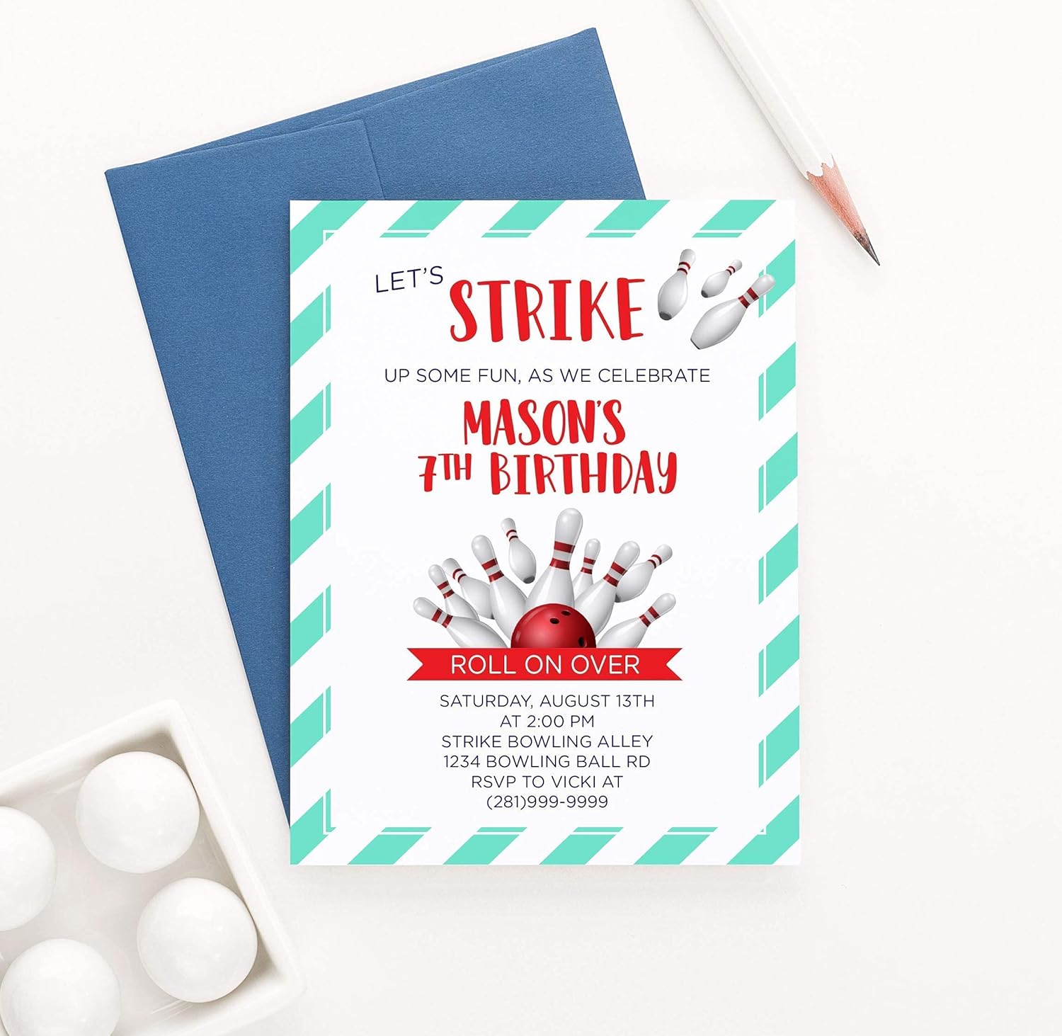 Bowling Birthday Invitations Customizable Envelope Colors