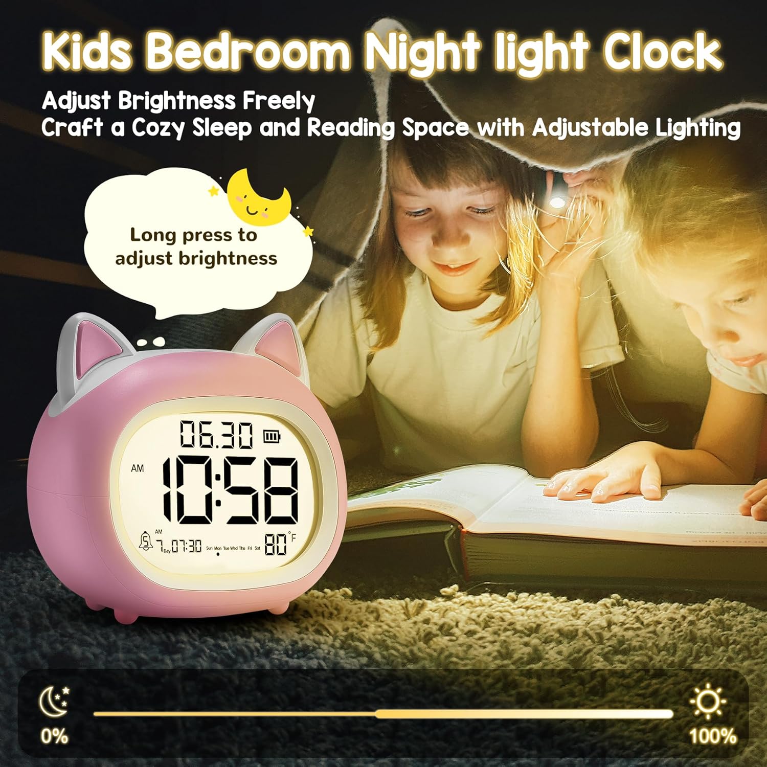 Adorable Cat Alarm Clock for Kids with Night Light