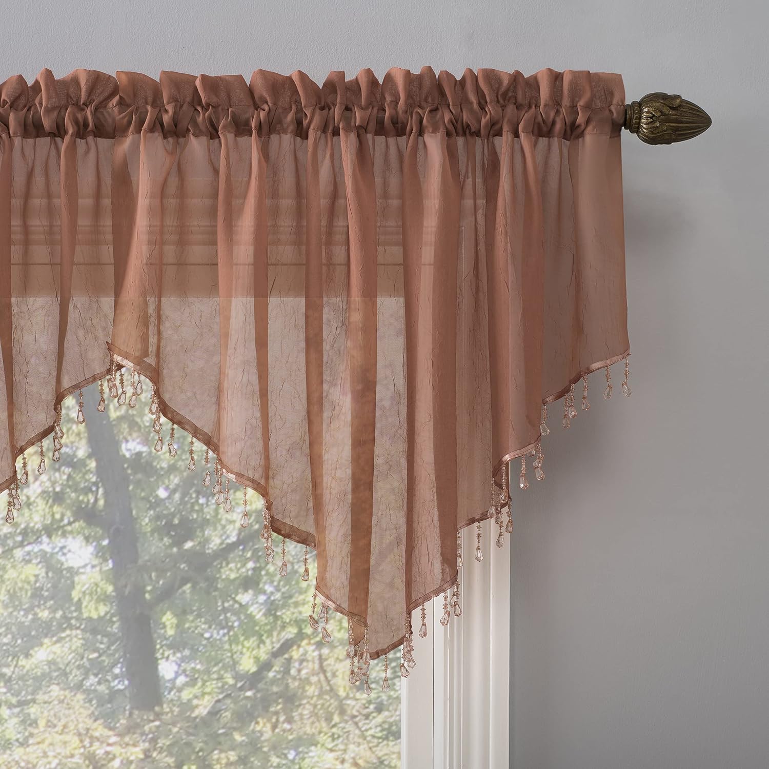 No 918 Erica Crushed Voile Ascot Beaded Sheer Curtain 3 Piece Set