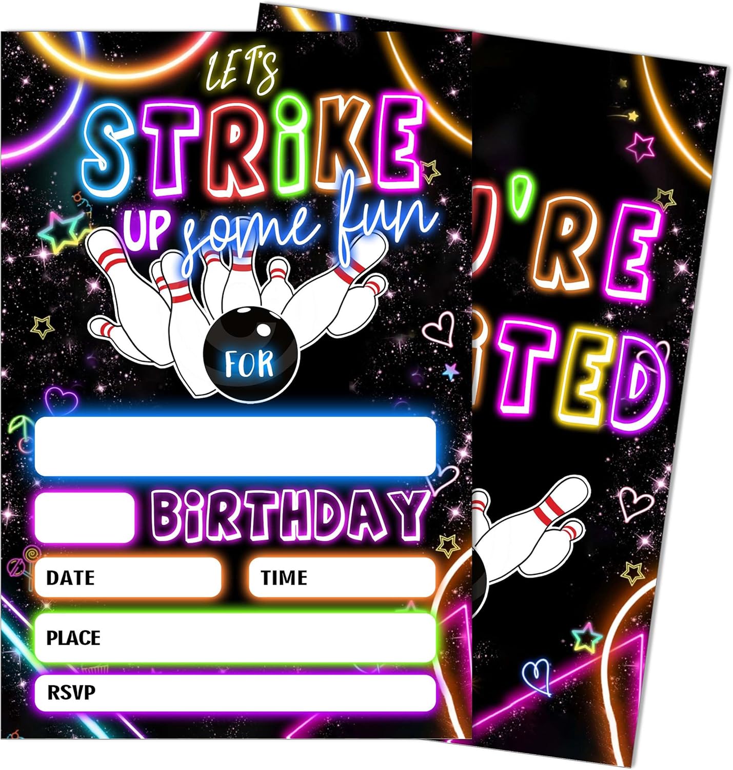 SIXEIGHT Bowling Party Invitations Neon Set 20 with Envelopes