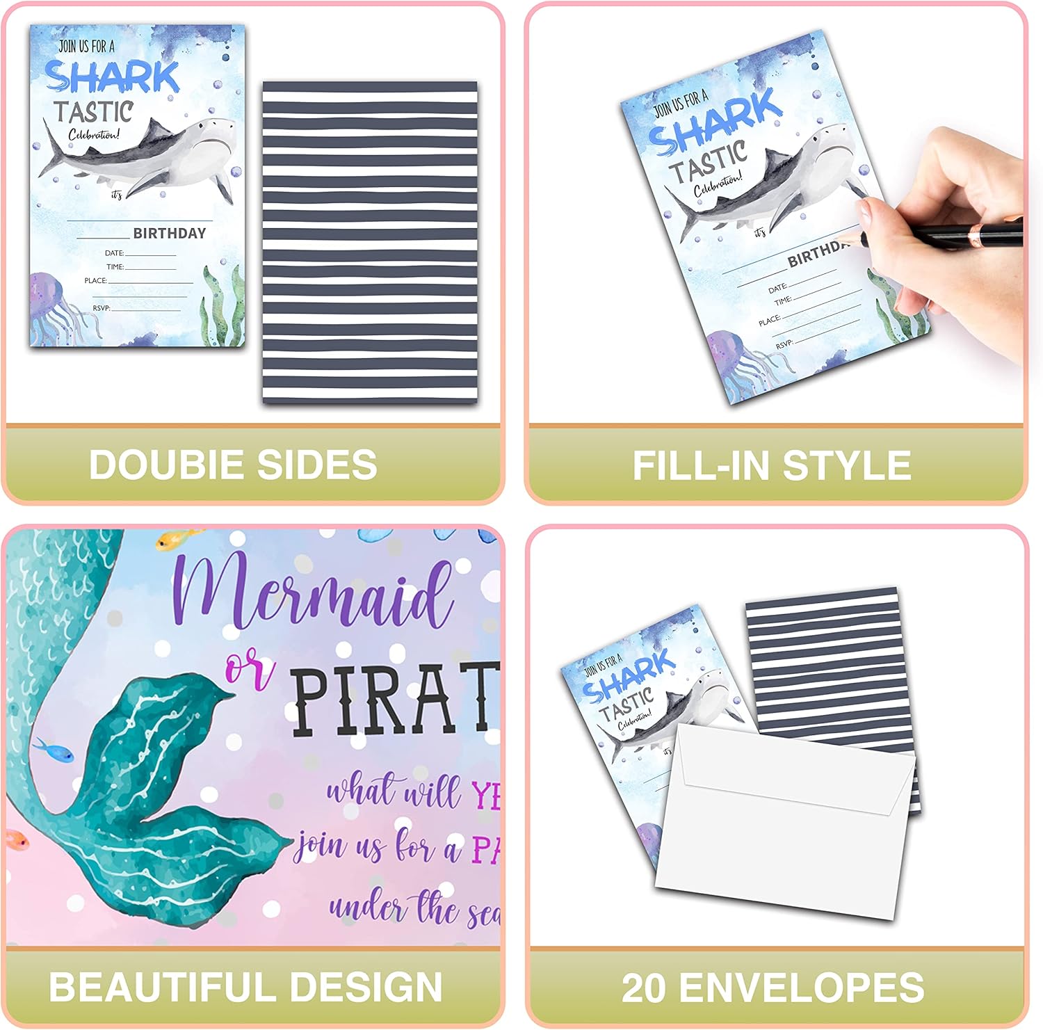 Shark Birthday Invitations with Envelopes - 20 Pack Ocean Theme
