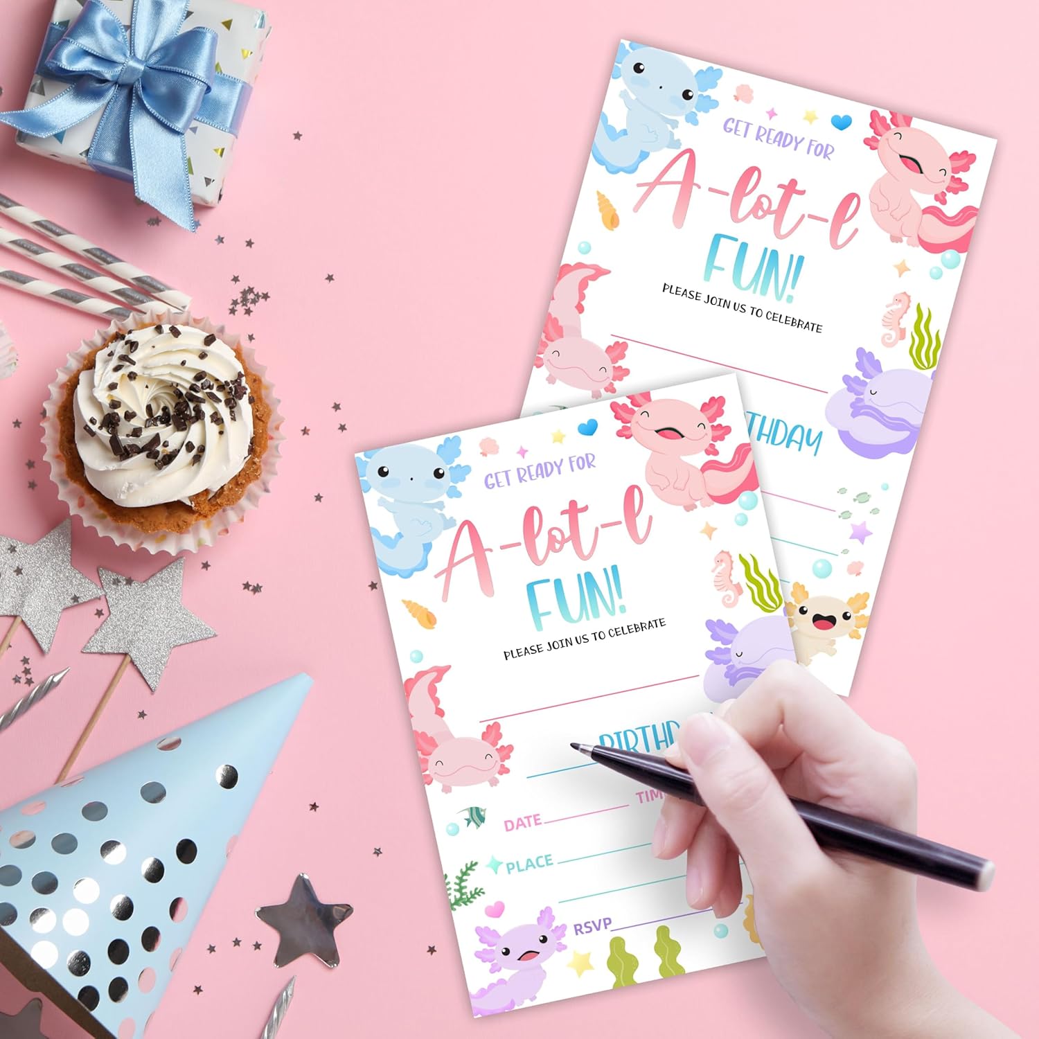 Axolotl Birthday Invites With Envelopes - 20 Sets