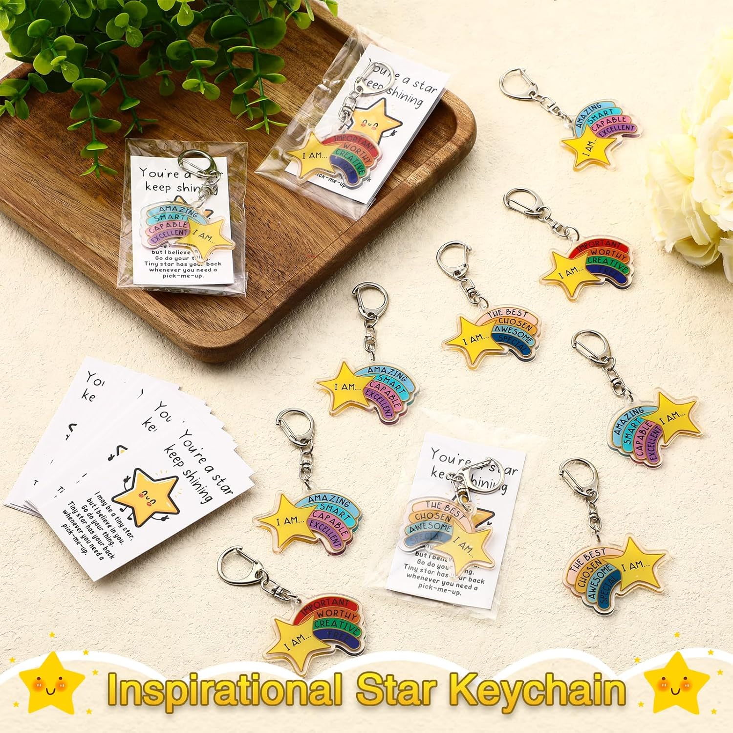 Henoyso 12 Sets Star Keychain Bulk with Motivational Words