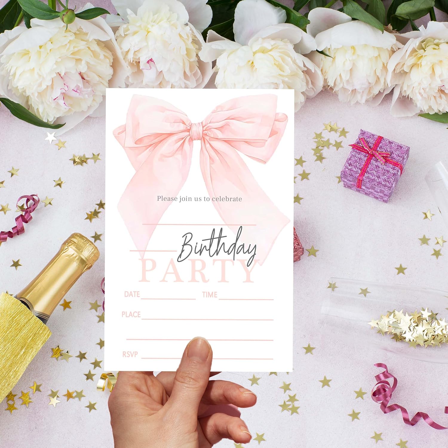 20 Pink Bow Birthday Invitations with Envelopes