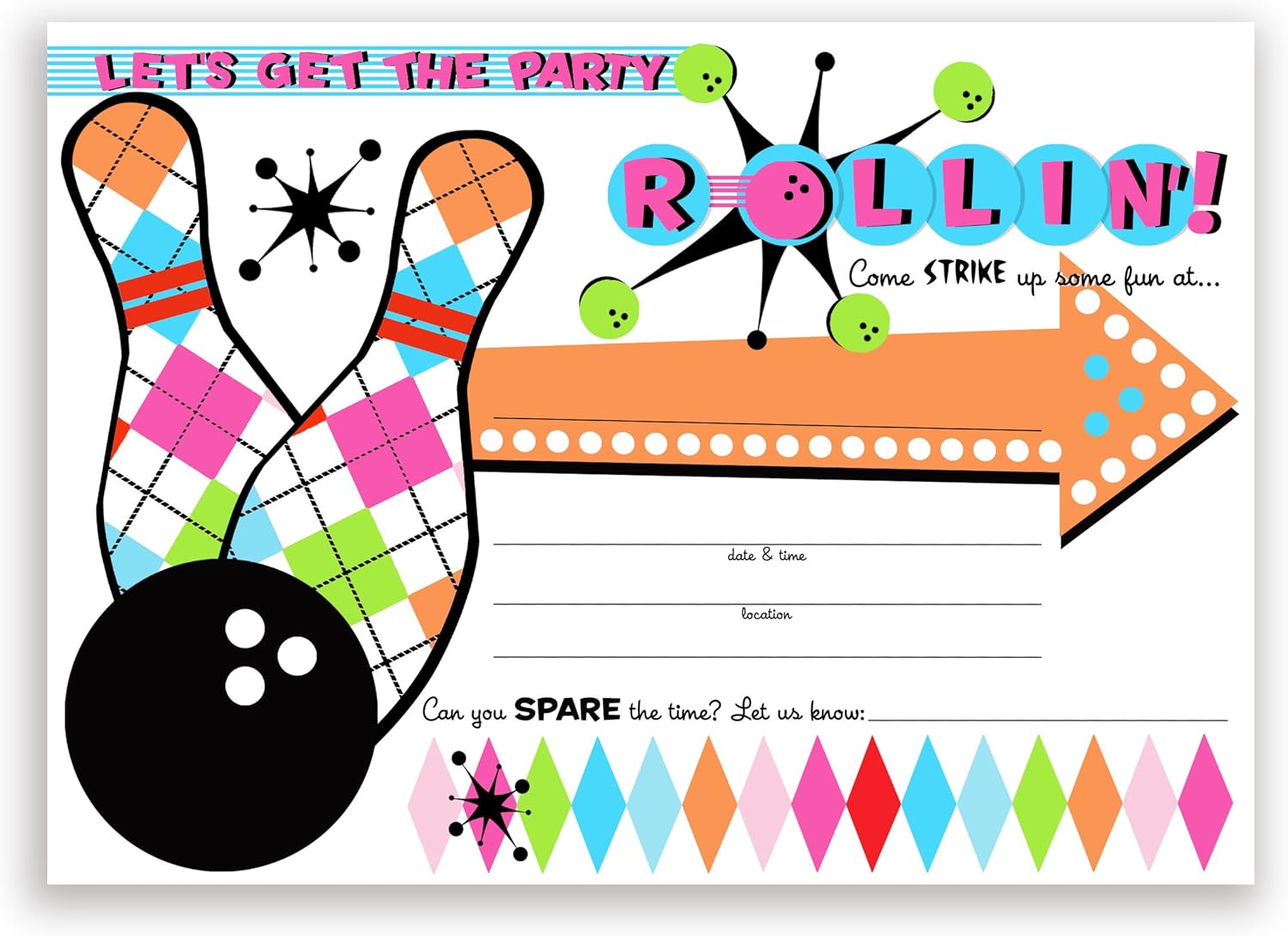 Bowling Party Large Invitations Pink 10 Set