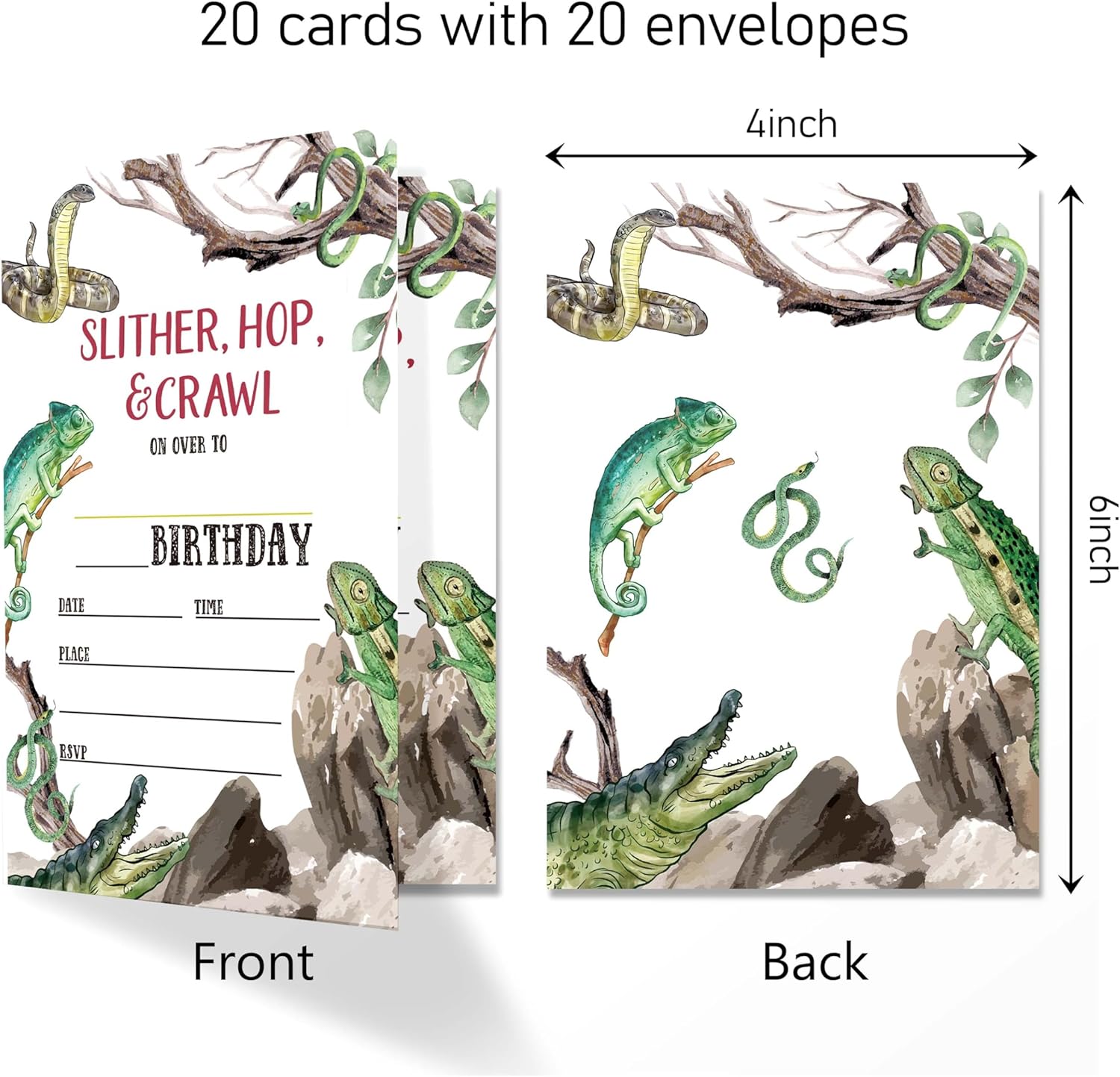 Reptile Birthday Invitations with Envelopes Pack of 20