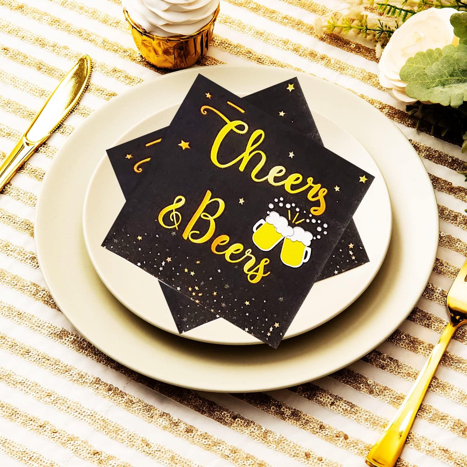 Cheers Beers Birthday Plate Set 16 Pcs Black Gold