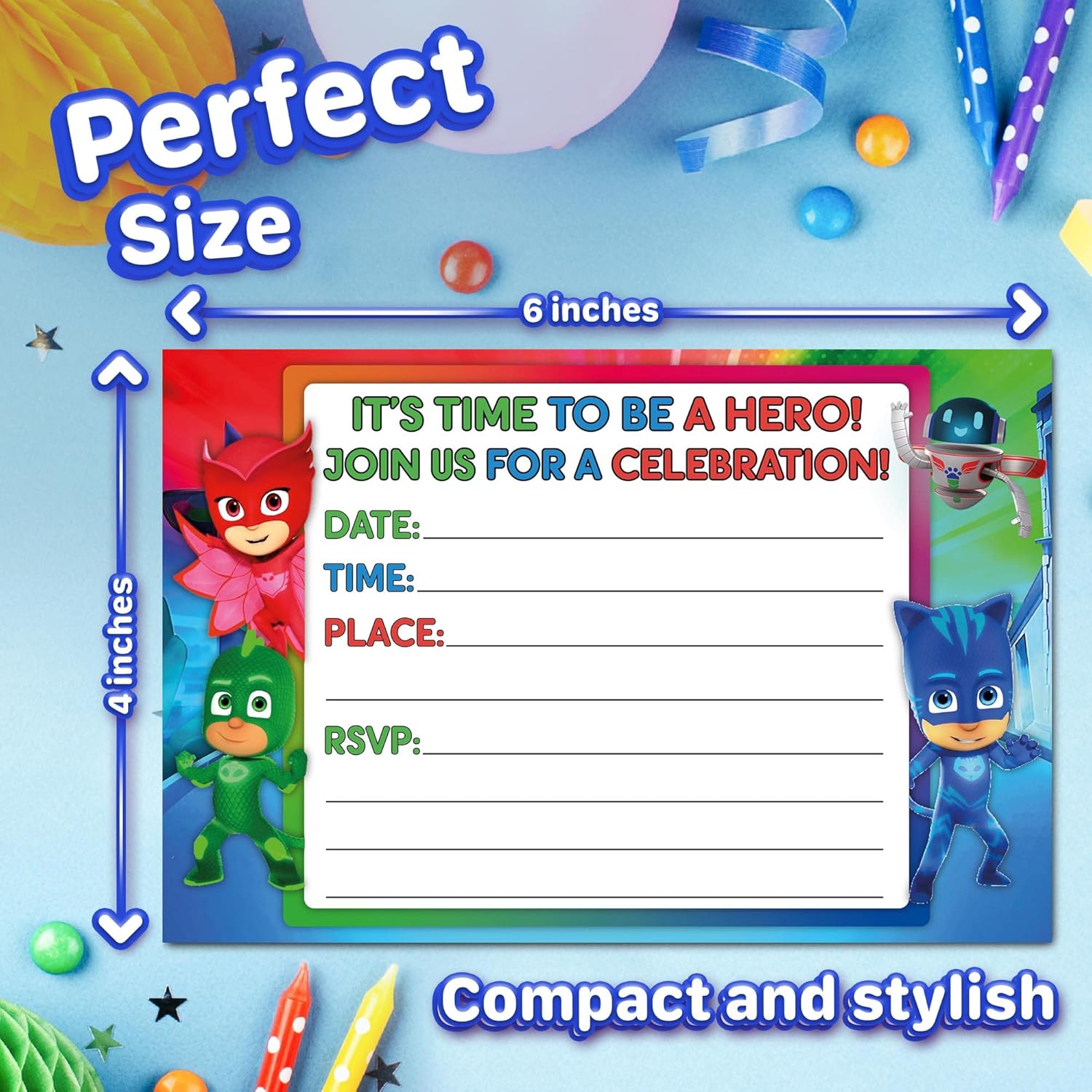 Set of 20 Hero Masks Birthday Invites with Envelopes - Lightweight Postcard Style