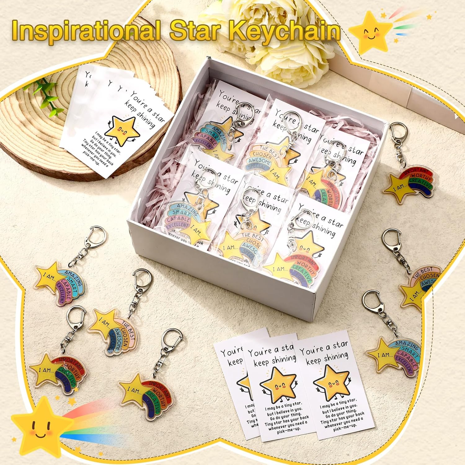 Henoyso 12 Sets Star Keychain Bulk with Motivational Words