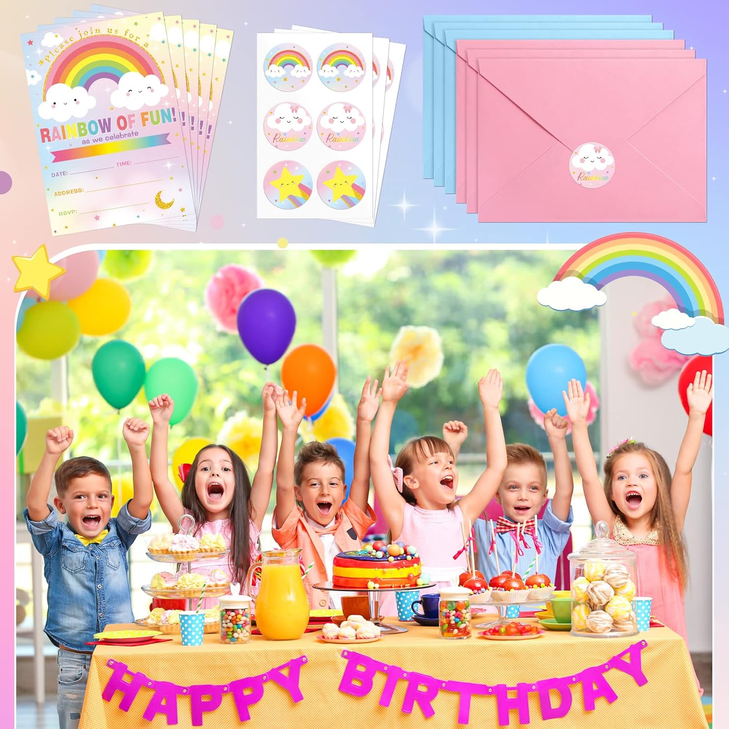 24 Piece Rainbow Party Invitation Set with Envelope and Sticker