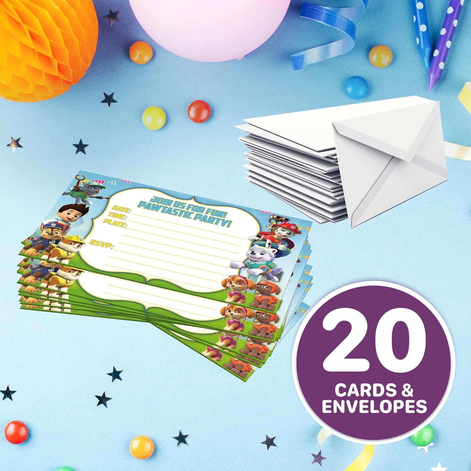 Set of 20 Power Dog Birthday Invites with Envelopes