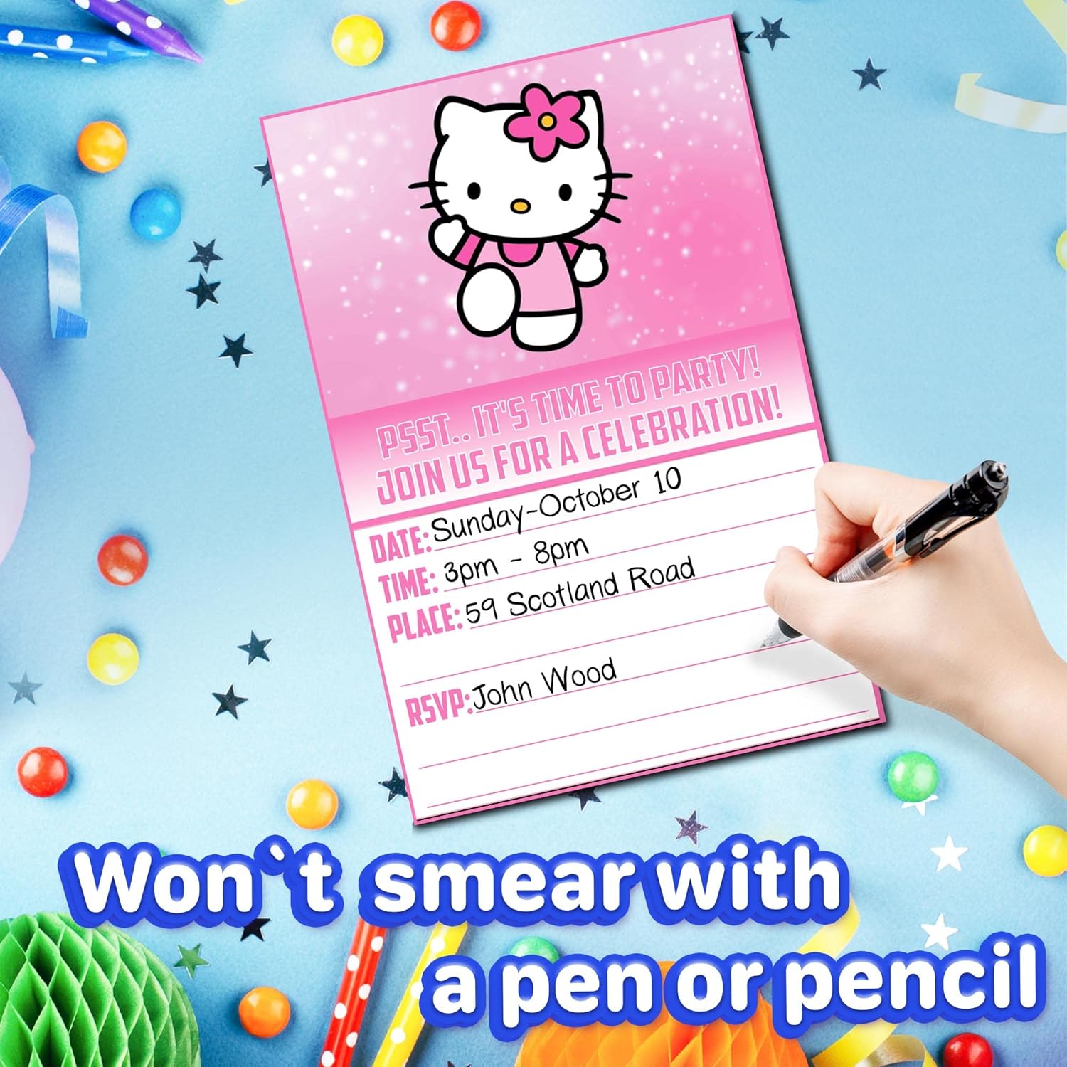 Set of 20 Cute Pink Cat Birthday Invitation Cards